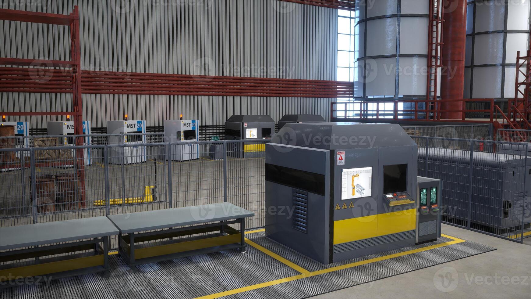 Facility with rows of industrial machines used for energy efficient warehousing handling distribution and storage needs of businesses, 3D rendering. CNC machinery in modern workplace facility photo