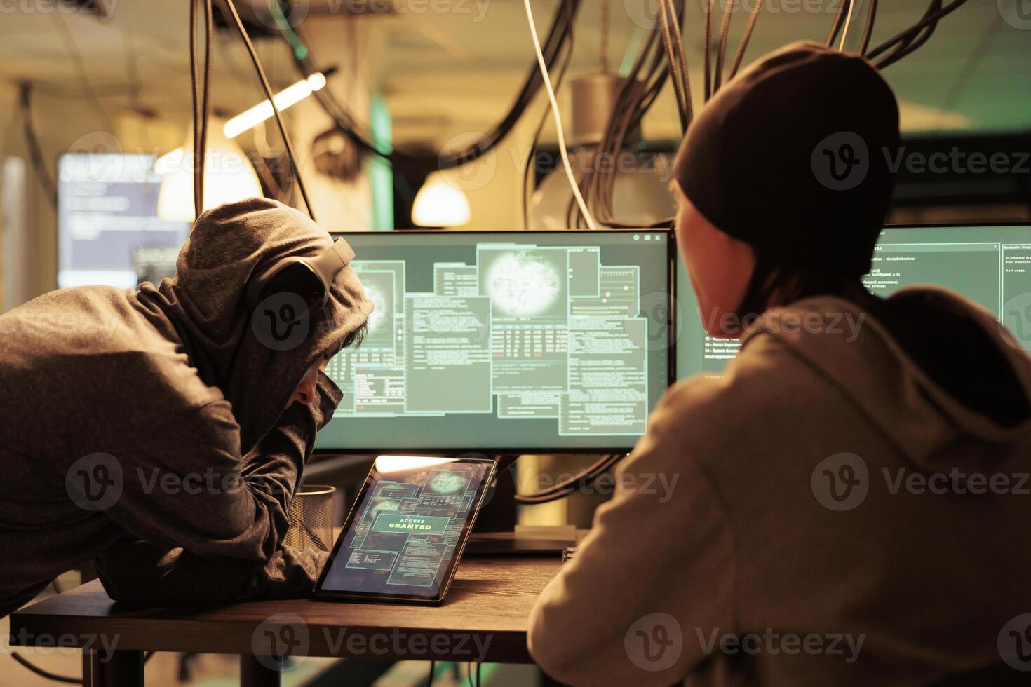 Access granted, successful database hacking, criminal cracking password on digital tablet. Cyberattack, internet thieves stealing electronic information, data breach, malicious software photo