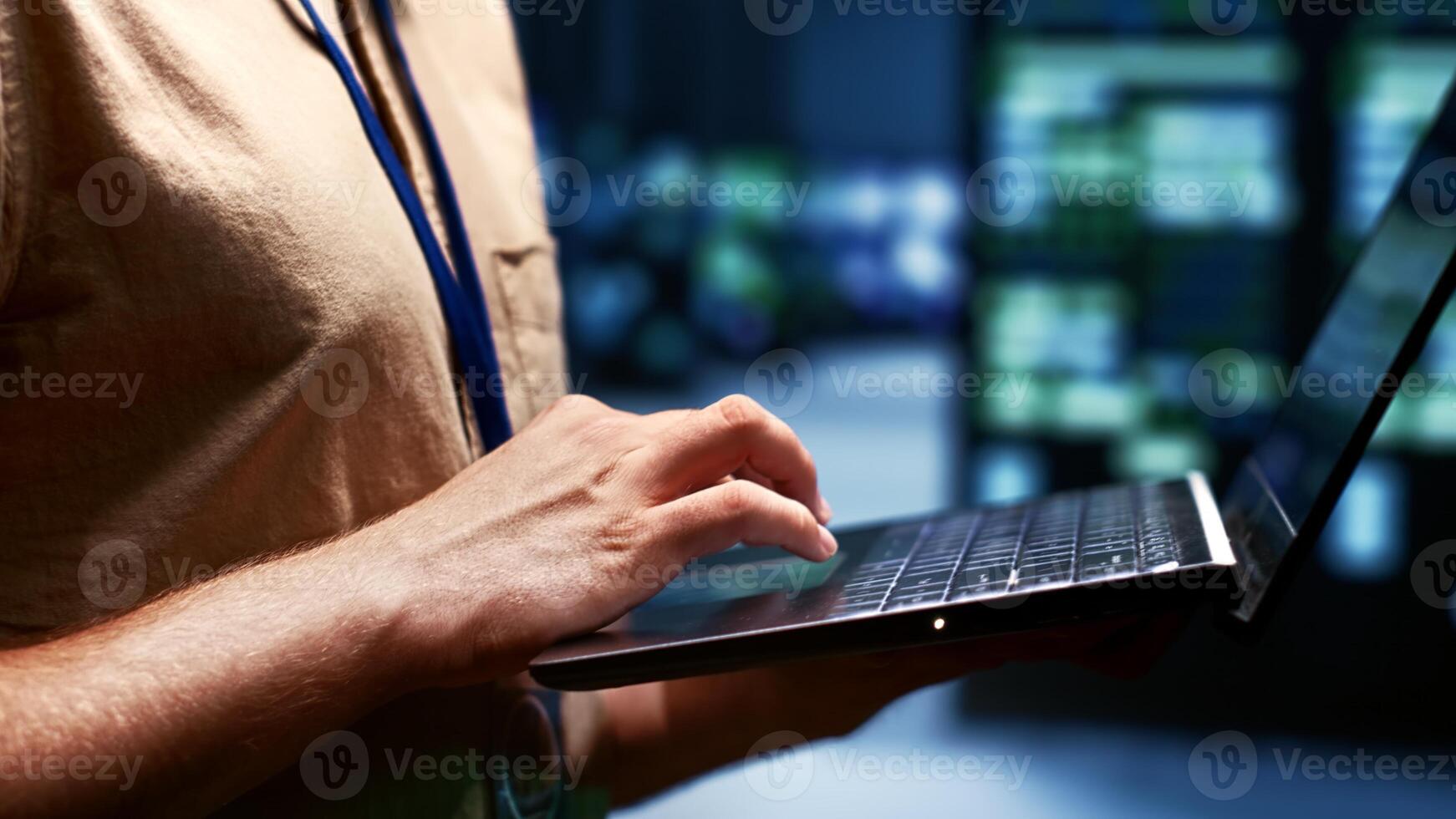 Close up shot of technician writing server farm disaster recovery plan on laptop to provide rapid restoration of service, limiting disruption and minimizing interruptions to normal operations photo