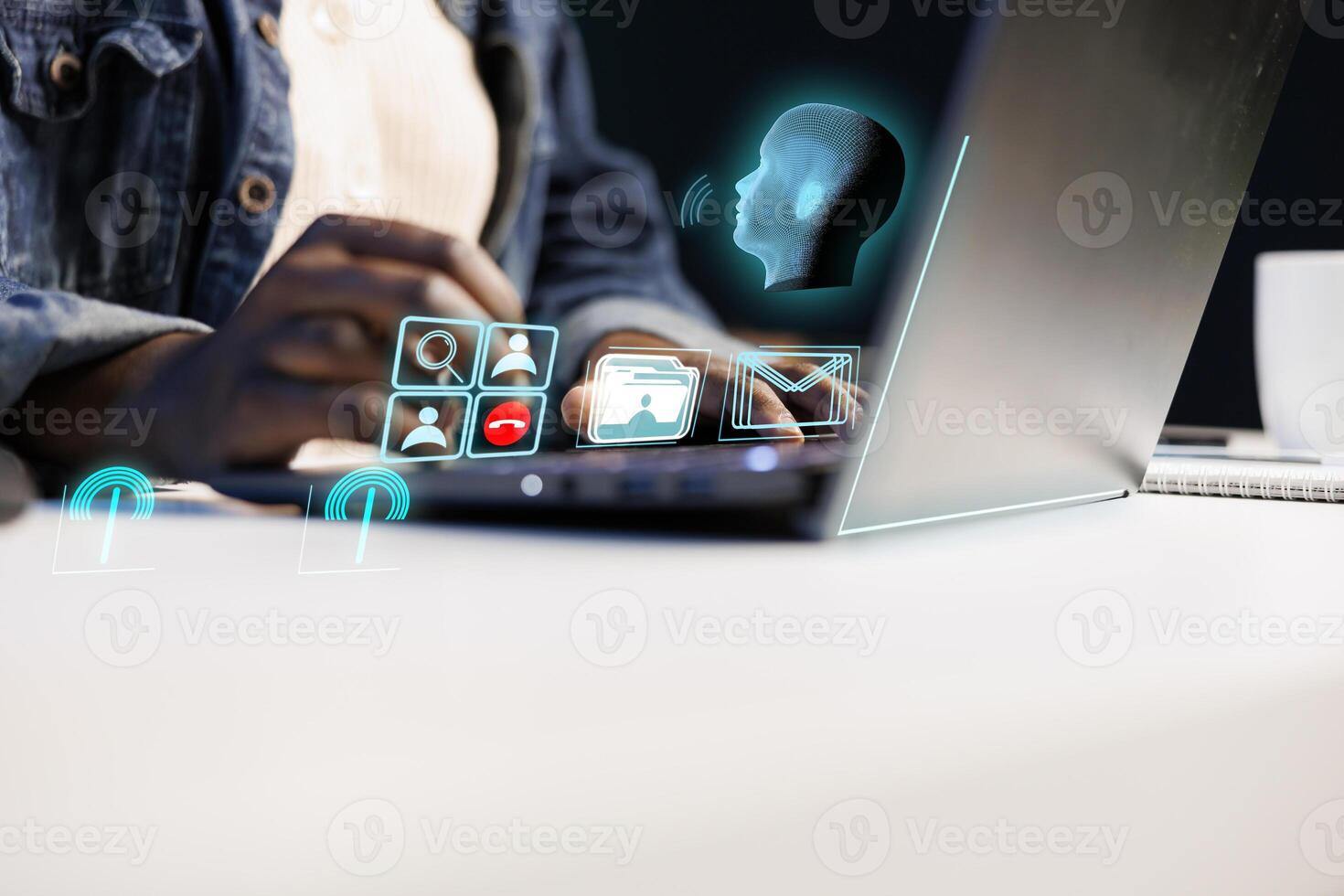 Person typing on laptop keyboard, doing tasks on internet at home, accessing digital information concept, close up. Technology user working with AR tech, app icons visualization photo