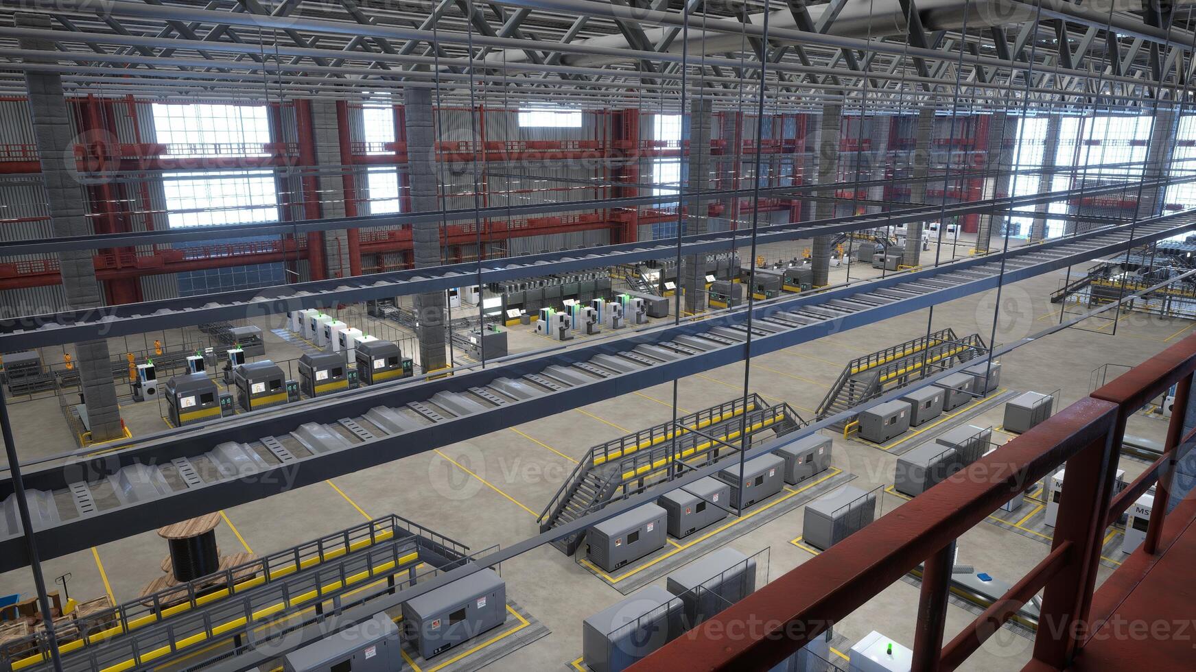 Top down view of industrial facility showcasing rows of high tech machines with control panels and safety signs, 3D render. Manufacturing equipment in automated warehouse, aerial drone shot photo