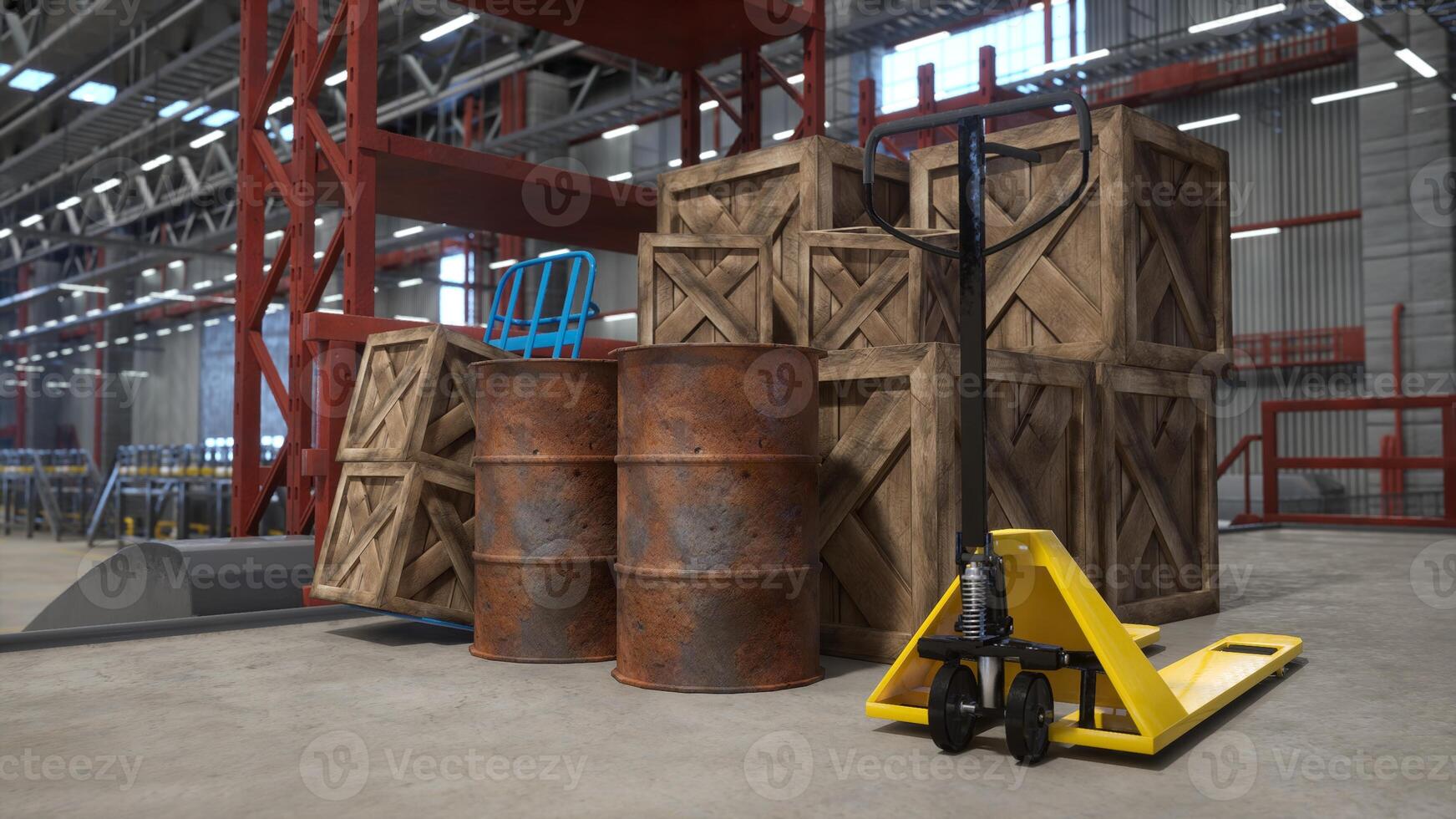 Industrial warehouse with wooden crates, rusted barrels, pallets and cart used for transportation of products. Manufacturing logistics depot used for goods production and storage, 3D render photo