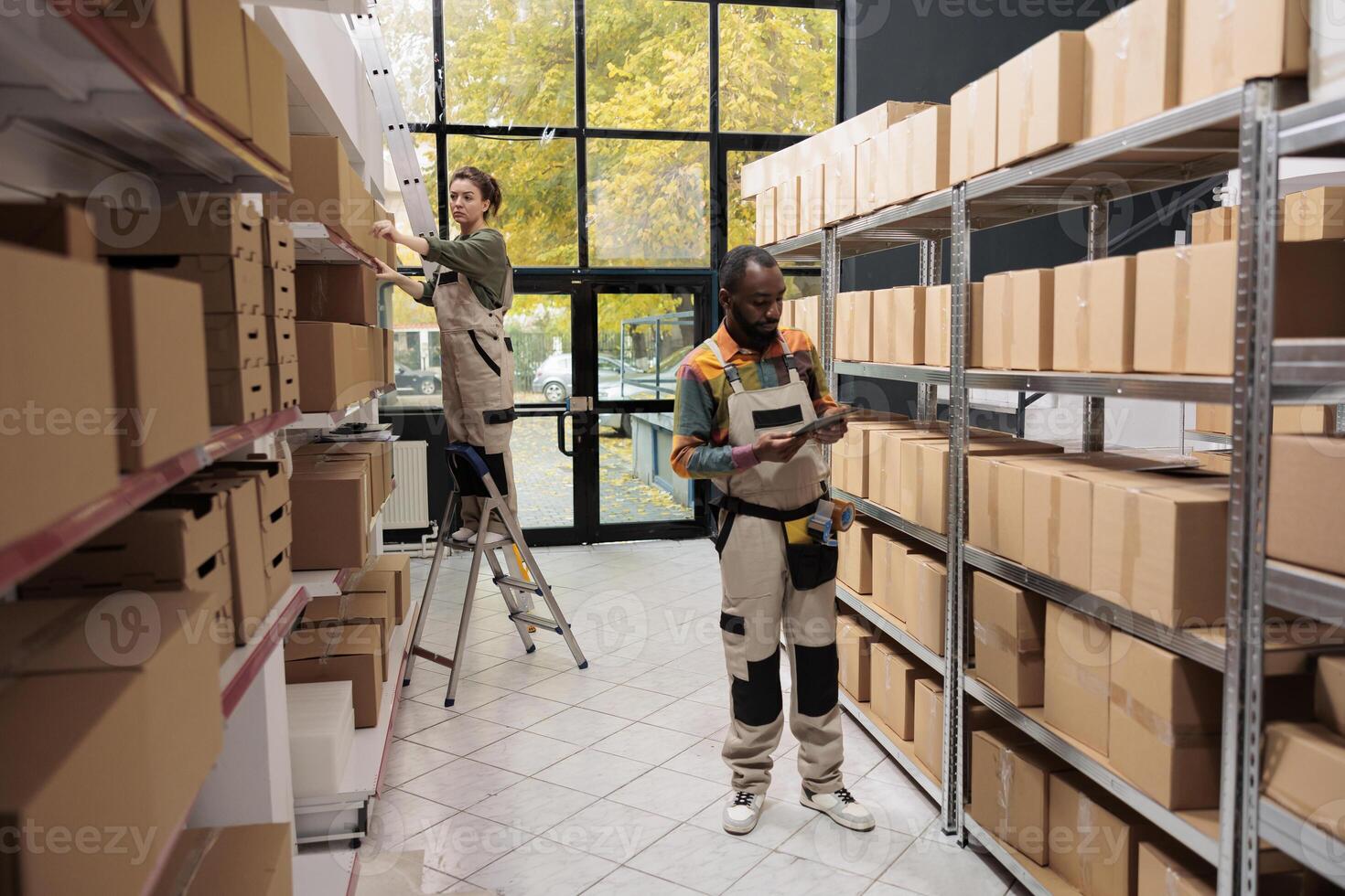 African american manager analyzing orders checklist before start preparing customers packages for delivery. Storage room manager working with cardboard boxes during goods quality control photo