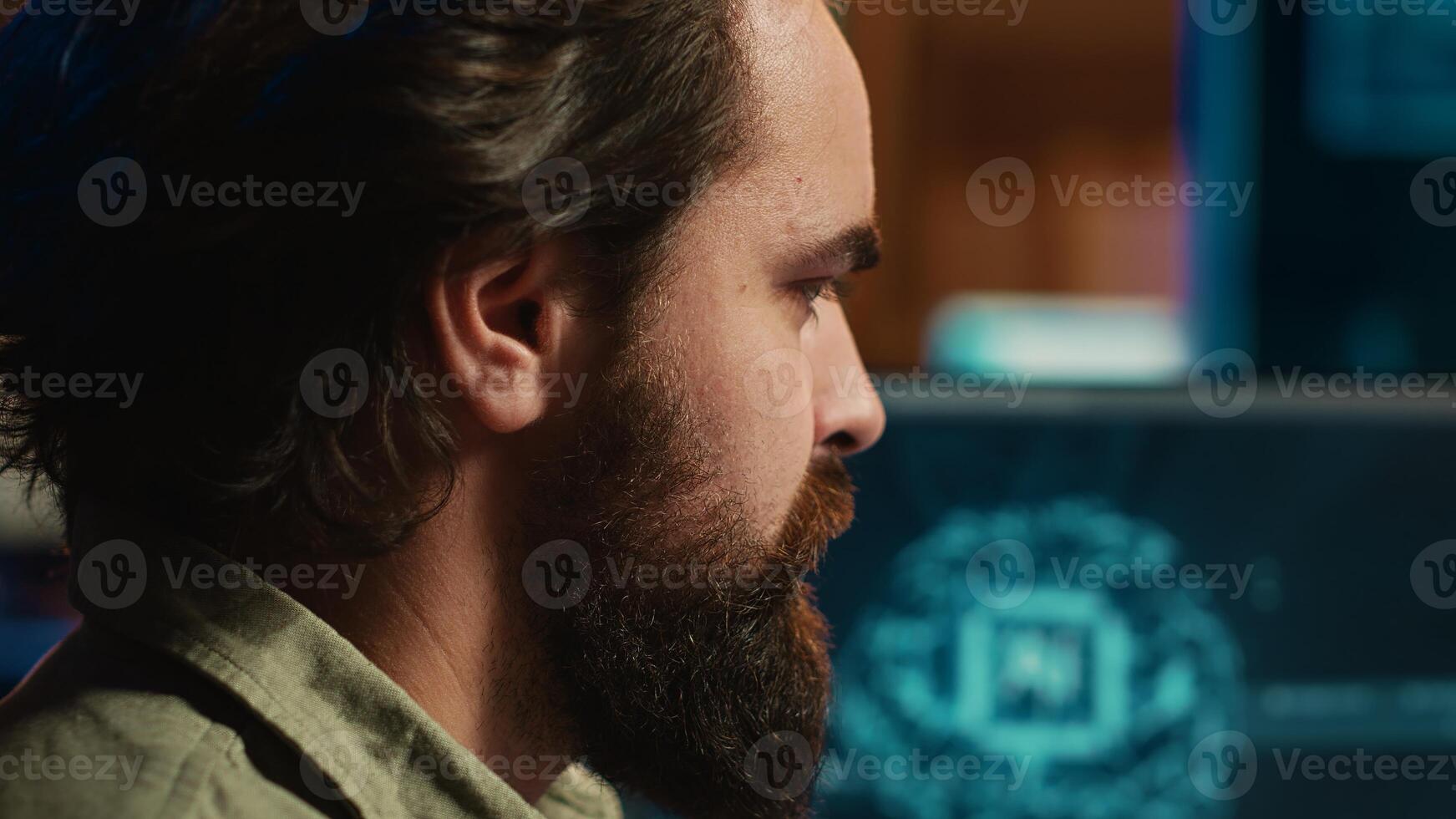 Stressed programmer updating artificial intelligence neural networks, writing binary code scripts. Freelancing system administrator upgrading high tech AI, confused by complexity, camera A close up photo