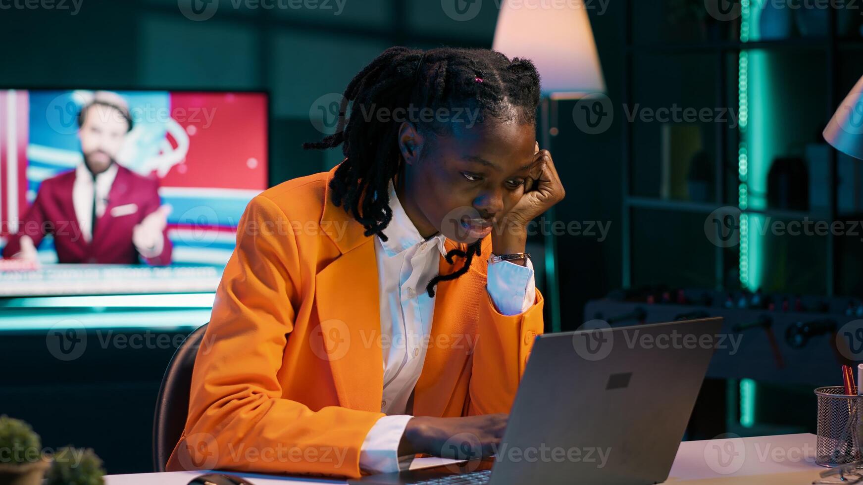 Exhausted student being stressed about project deadline, feeling distraught about late night workload. Tired young woman solving tasks with tension and anxiety, feeling sleepy and in pain. Camera A. photo