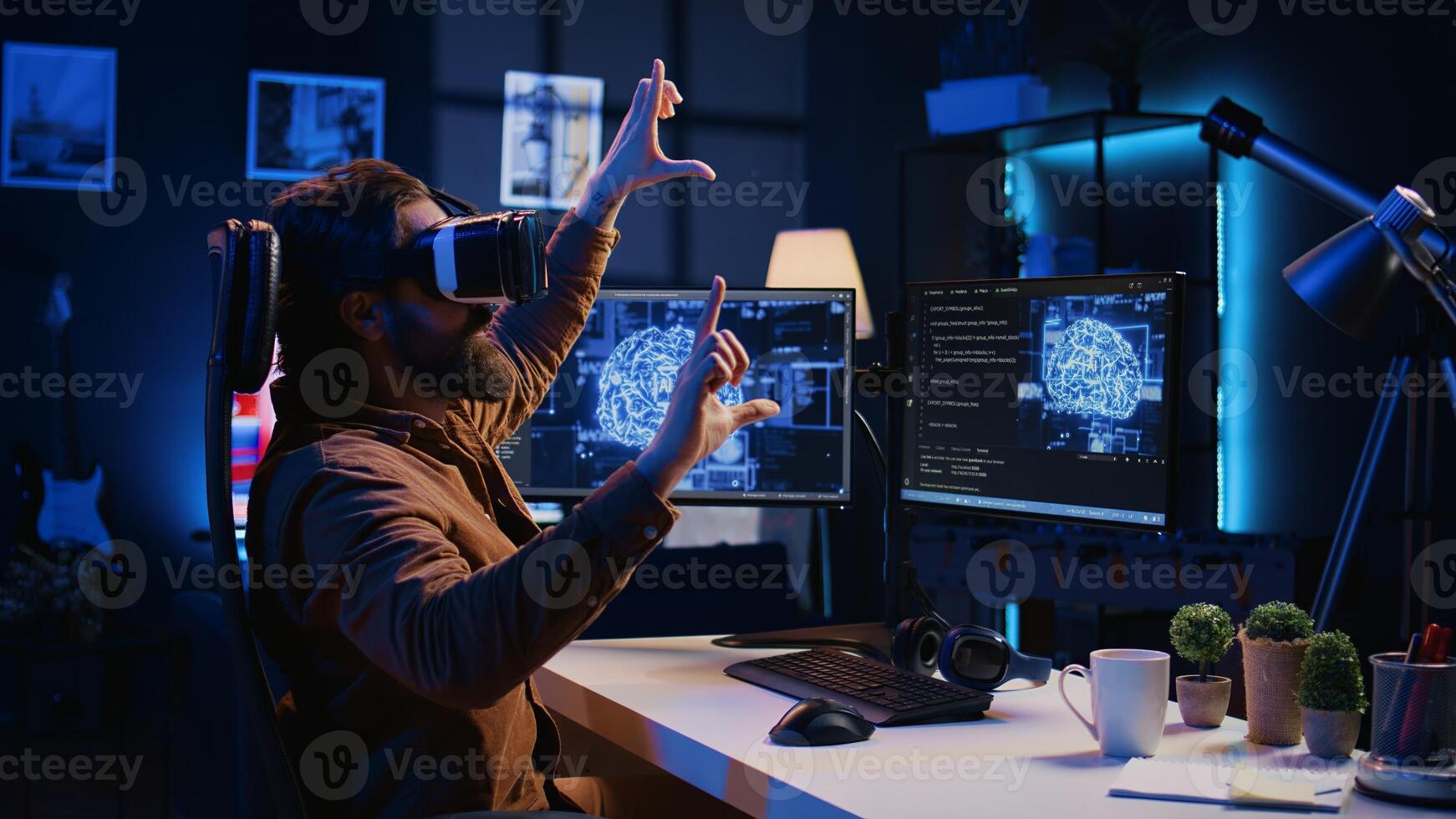 Computer scientist wearing VR glasses panicking after AI gains omniscience, throwing goggles and programming firewall. Programmer afraid by artificial intelligence gaining enlightenment, camera B photo