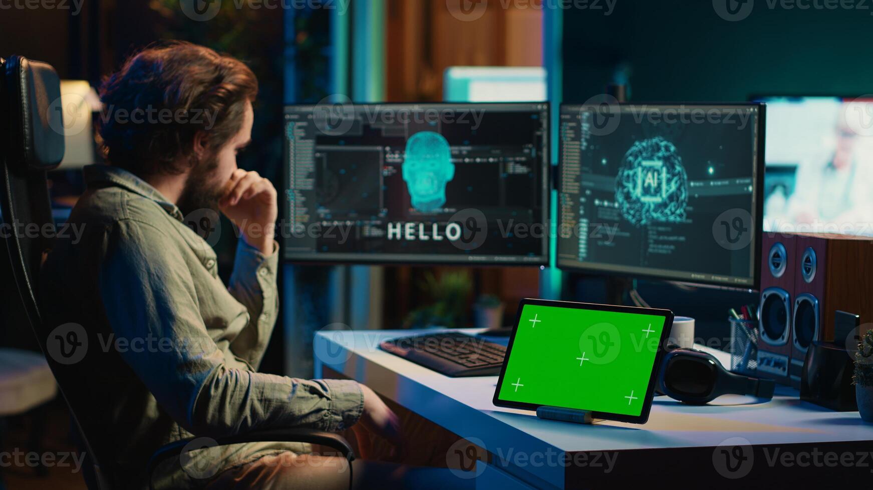 Developer using green screen tablet updating artificial intelligence machine learning algorithm, writing binary code scripts. IT expert programming on mockup device to upgrade AI brain, camera A photo