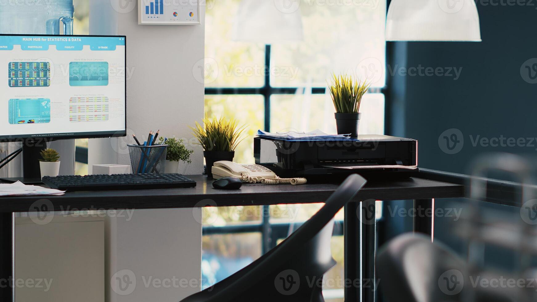Computer screen in financial department office shows stock exchange indices changing in real time. Desktop PC monitor in workplace with trading indexes showing latest price modifications, panning shot photo