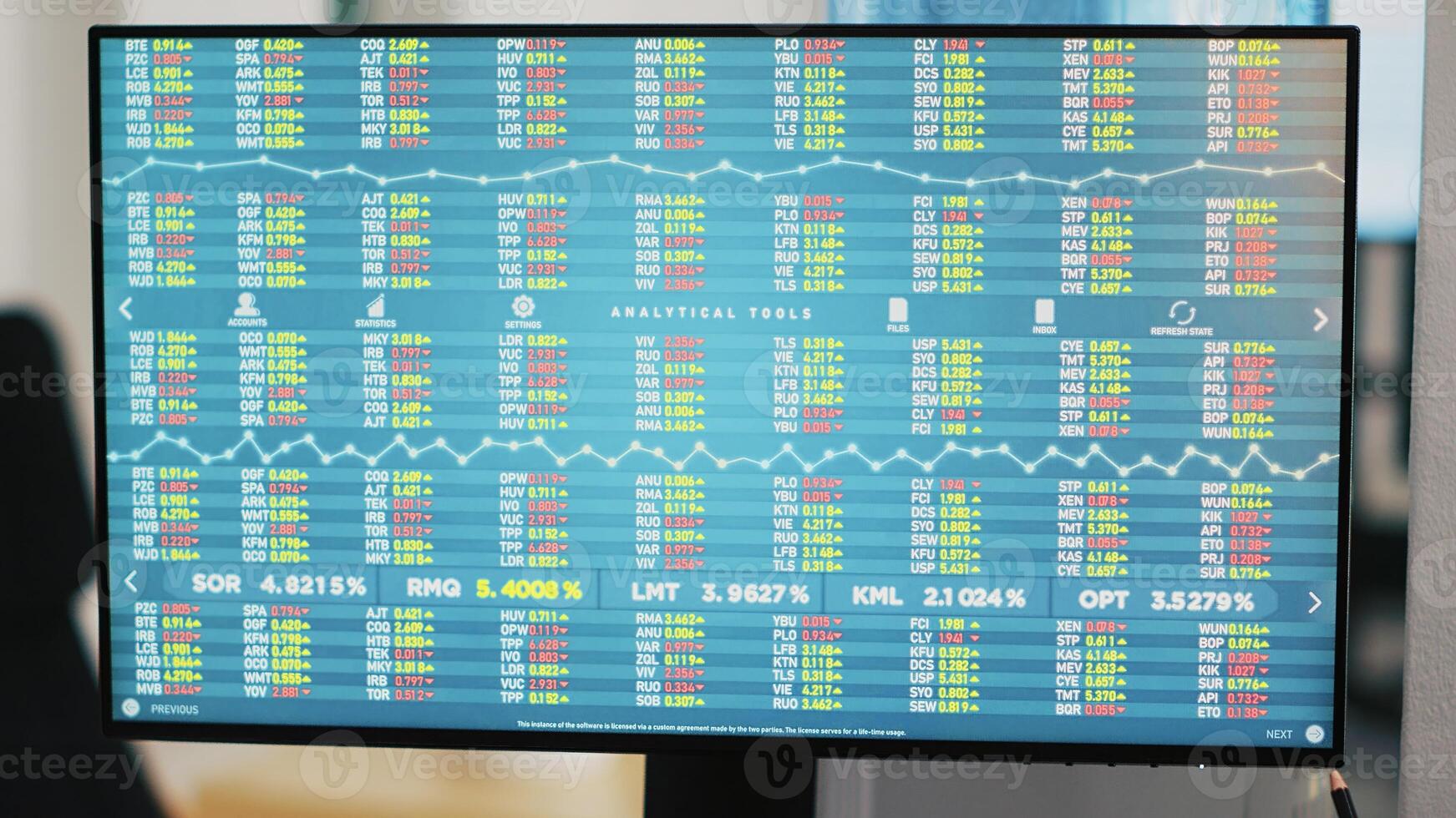 Telephone on office desk and display showing volatile stock exchange prices, close up. Phone on brokerage firm table and forex trading platform on monitor, handheld camera shot photo