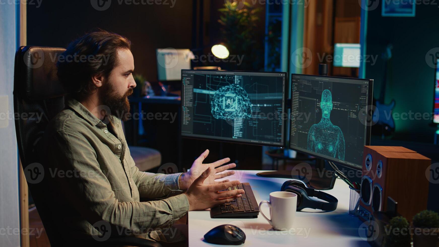 Sentient Ai gains humanoid form inside computer, waving hand, greeting its creator. Self aware artificial intelligence saluting programmer after becoming autonomous and achieving singularity, camera B photo