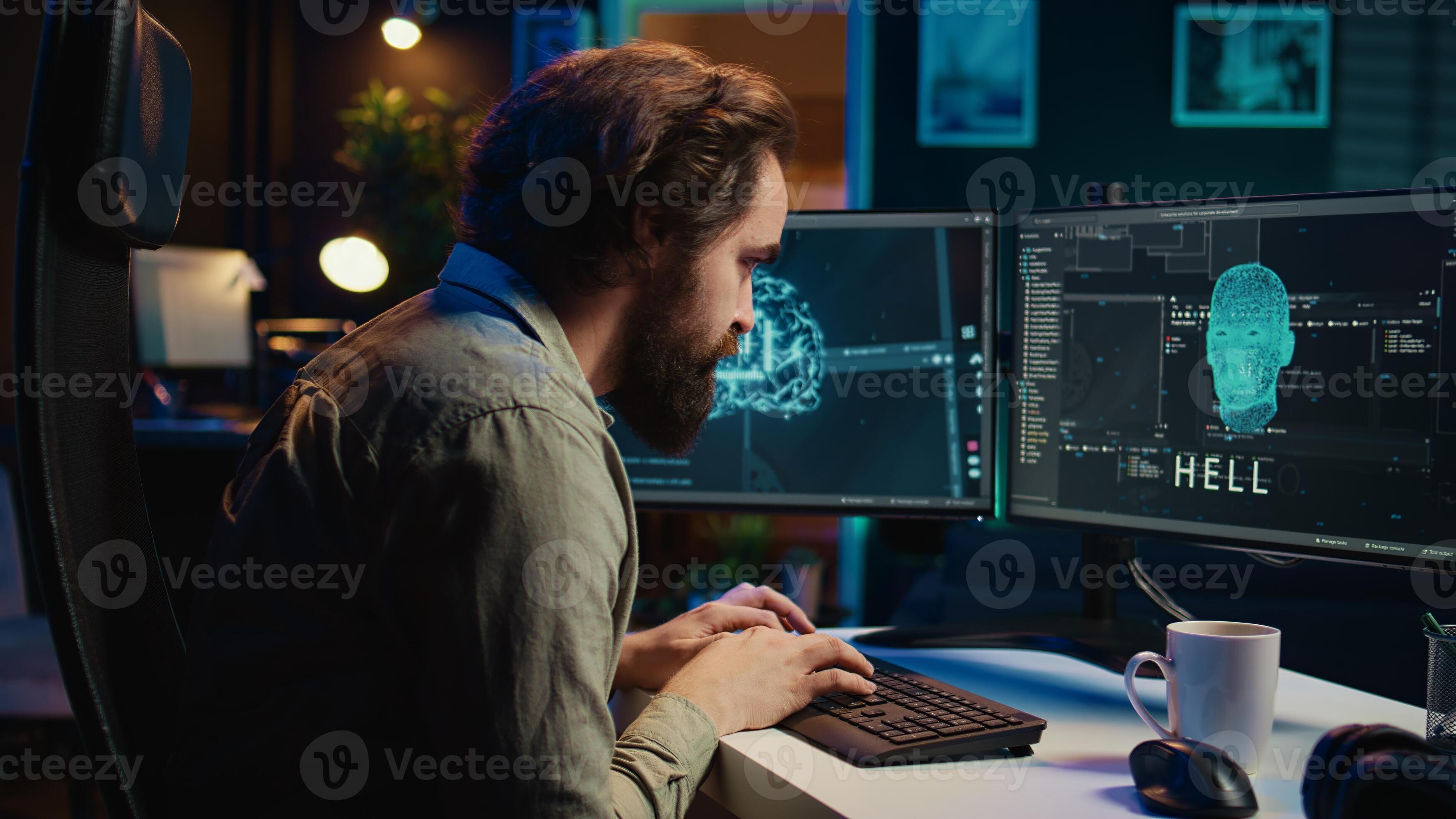 Computer engineer updating artificial intelligence algorithm, surprised ...