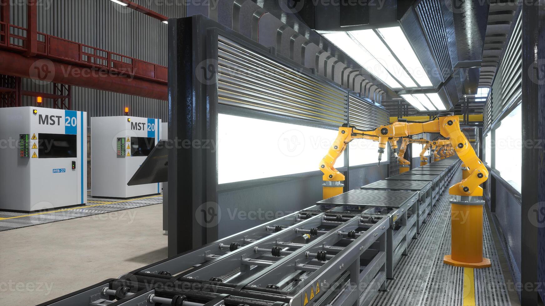 Industrial robot arms working on assembly line in factory next to computerized machines, 3D render. Heavy machinery units being used on conveyor belts in automated warehouse with hardware equipment photo