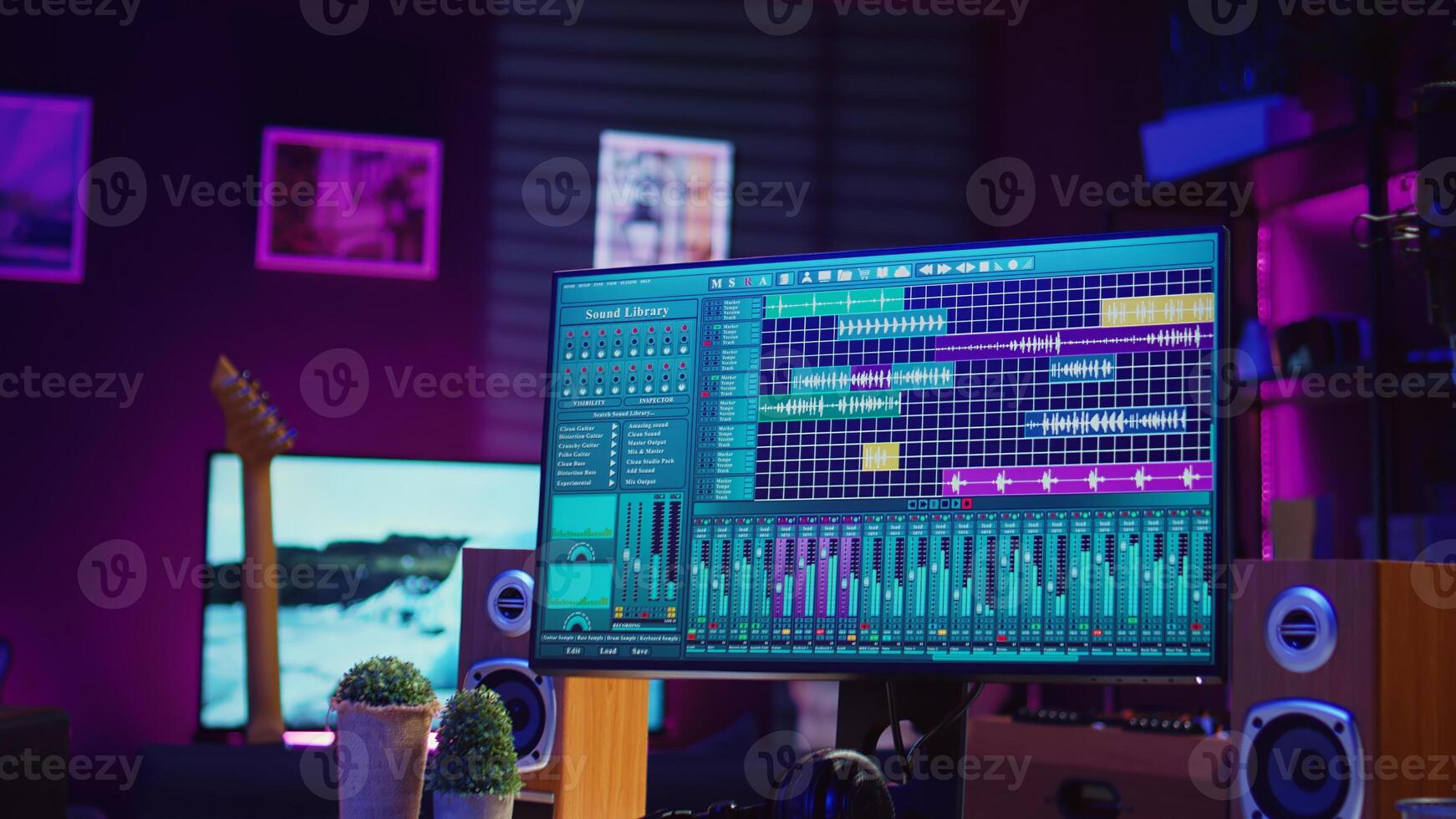 Empty space used for producing music and sounds with electronic devices, acoustics instruments and soundboard with controls. Home studio equipped with amplifier and mastering tools. Camera B. photo