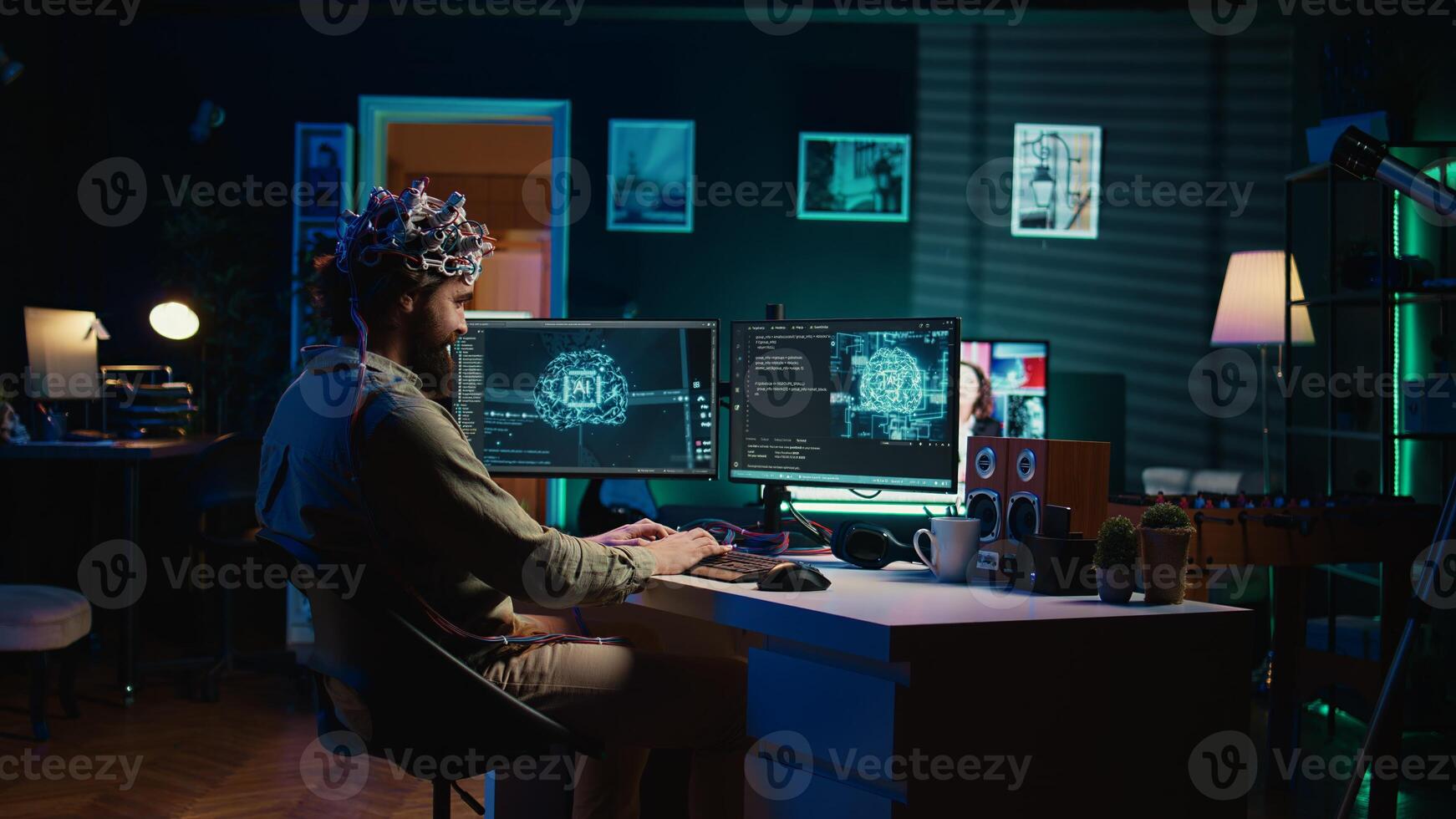 Man with EEG headset on writing code allowing him to transfer mind into computer virtual world, becoming one with AI. Transhumanist using neuroscientific technology to transcend, camera B photo