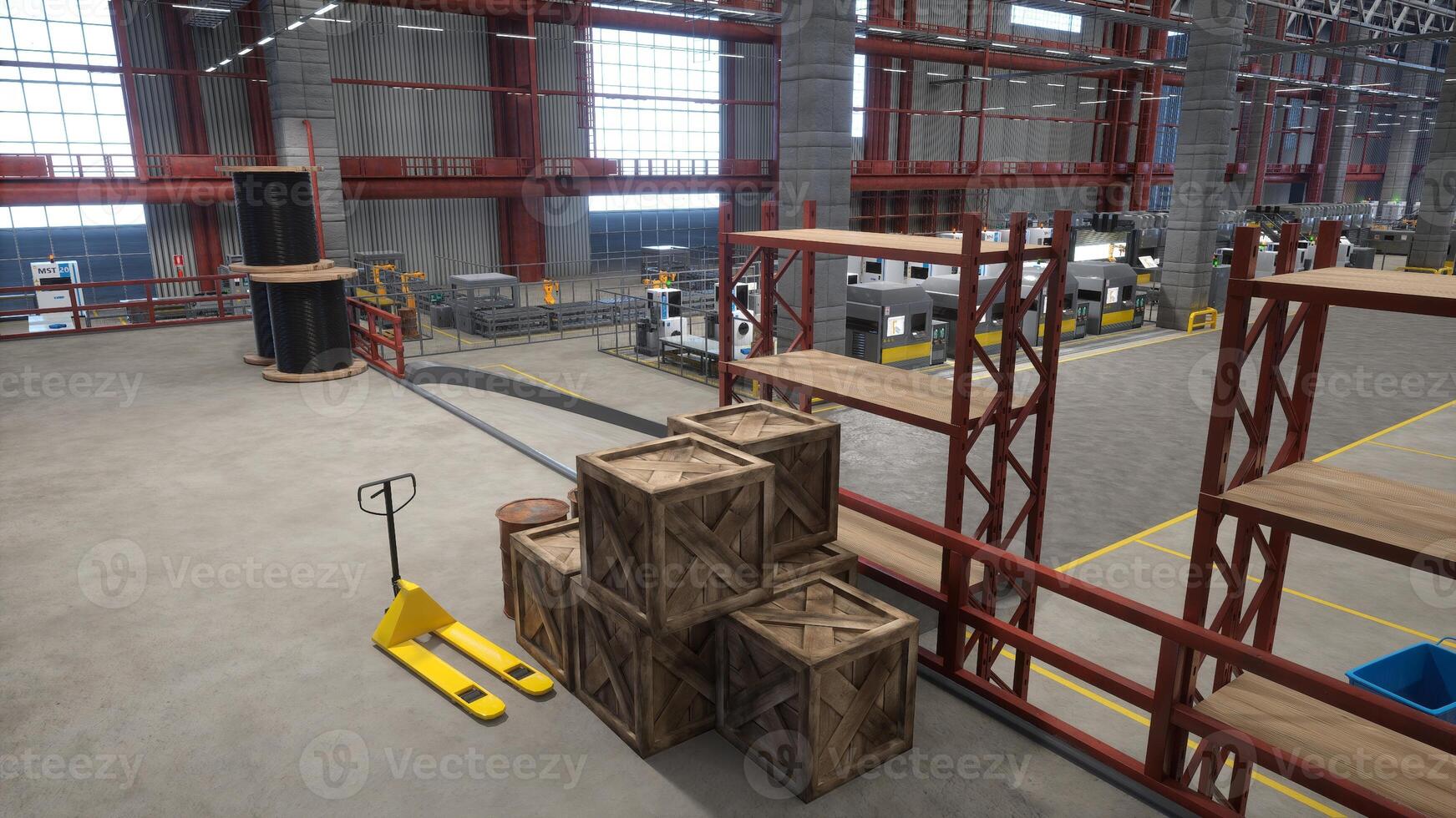 Industrial warehouse with wooden crates, rusted barrels, pallets and cart used for transportation of products. Manufacturing logistics depot used for goods production and storage, 3D render photo