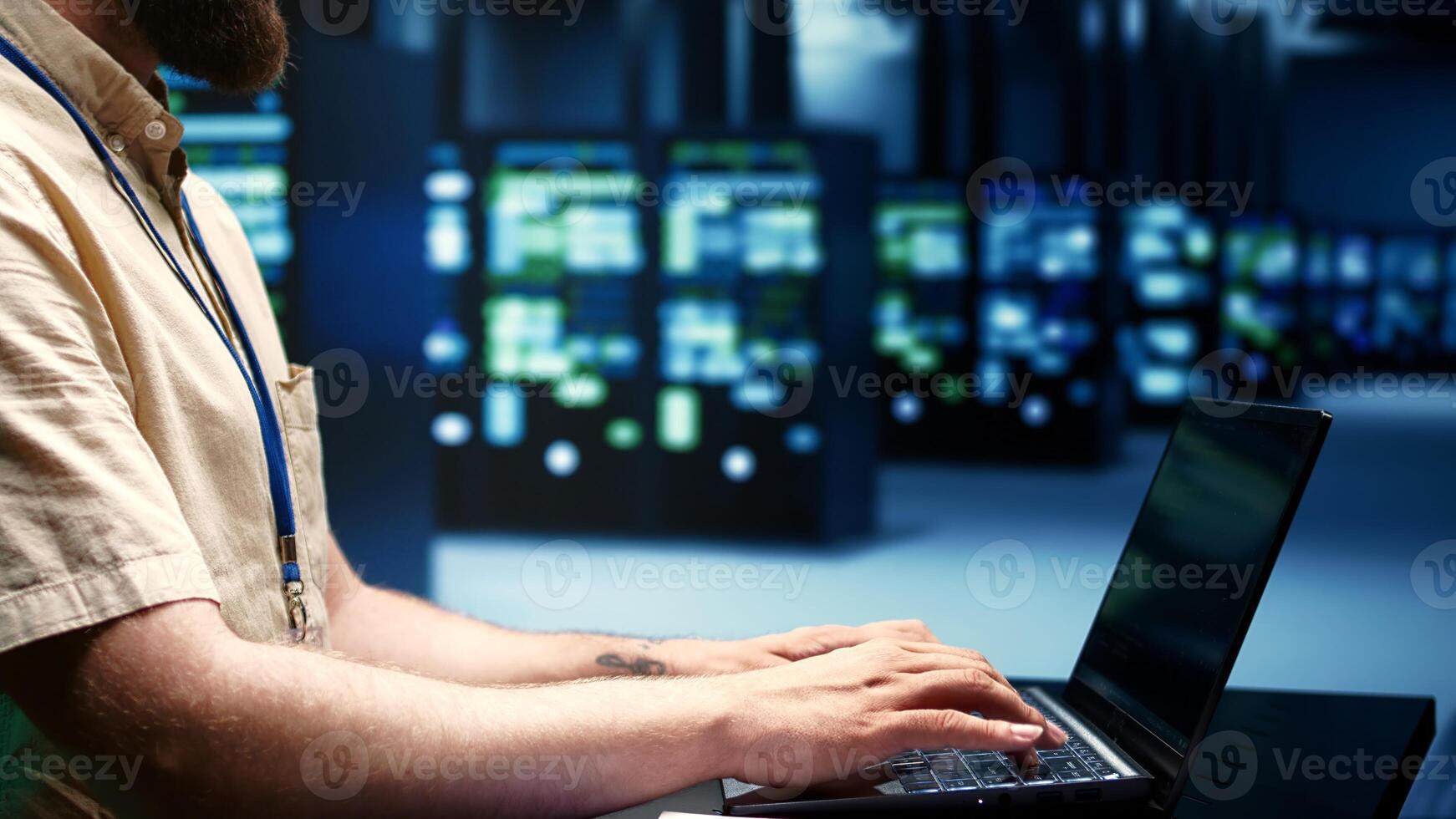 Supervisor running blade servers diagnostic tests and bug checking utilities to determine and repair software issues. Technician using laptop to survey critical systems, checking for flaws, close up photo