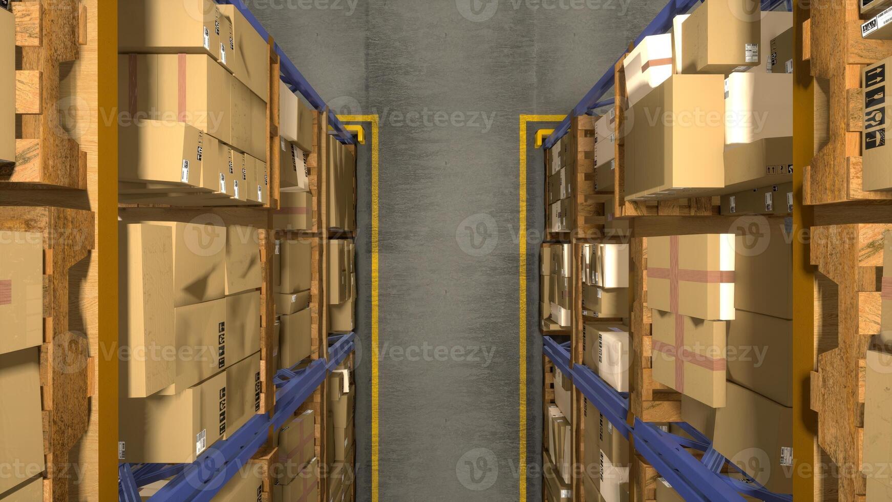 Industrial warehouse stacking packages with order invoices ready for express delivery, administrative center for commerce sector. Depot with boxes tagged with tracking numbers. photo