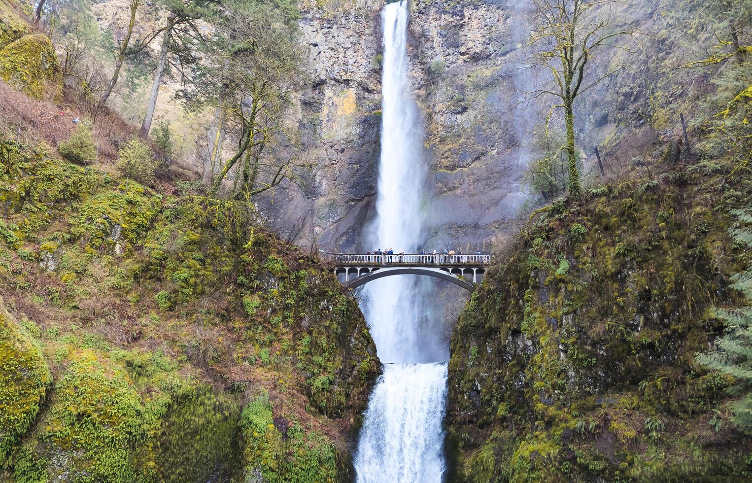 Columbia River Gorge, Oregon, USA - 02.24.2024 Tourists are enjoying a up-close view of roaring Multnomah Falls from Multnomah Creek Bridge. photo