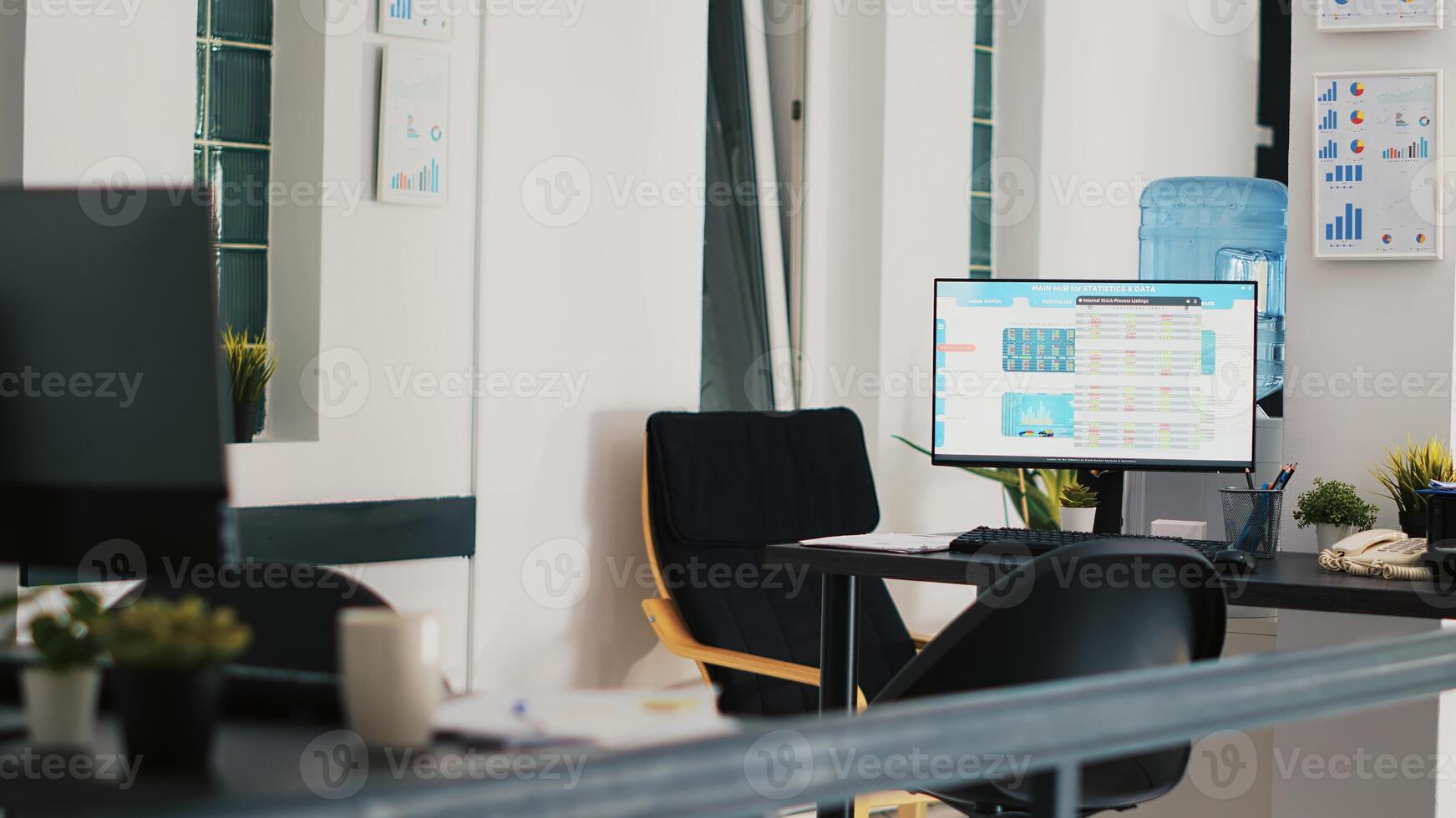 Stock exchange data collected in empty financial department office to develop trading strategies and algorithms. Computer screen in company workspace showing trading platform photo