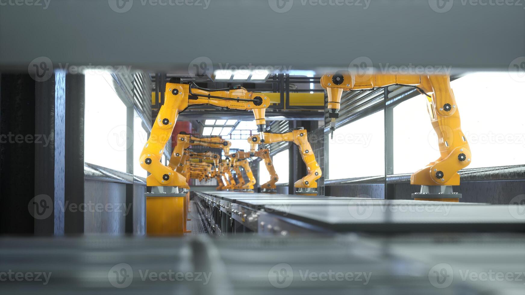 automatizado repositorio con robótico brazos usado para colocación fabricado mercancías en transportador cinturones, 3d representación. montaje líneas y pesado maquinaria unidades en alto tecnología distribución centrar foto