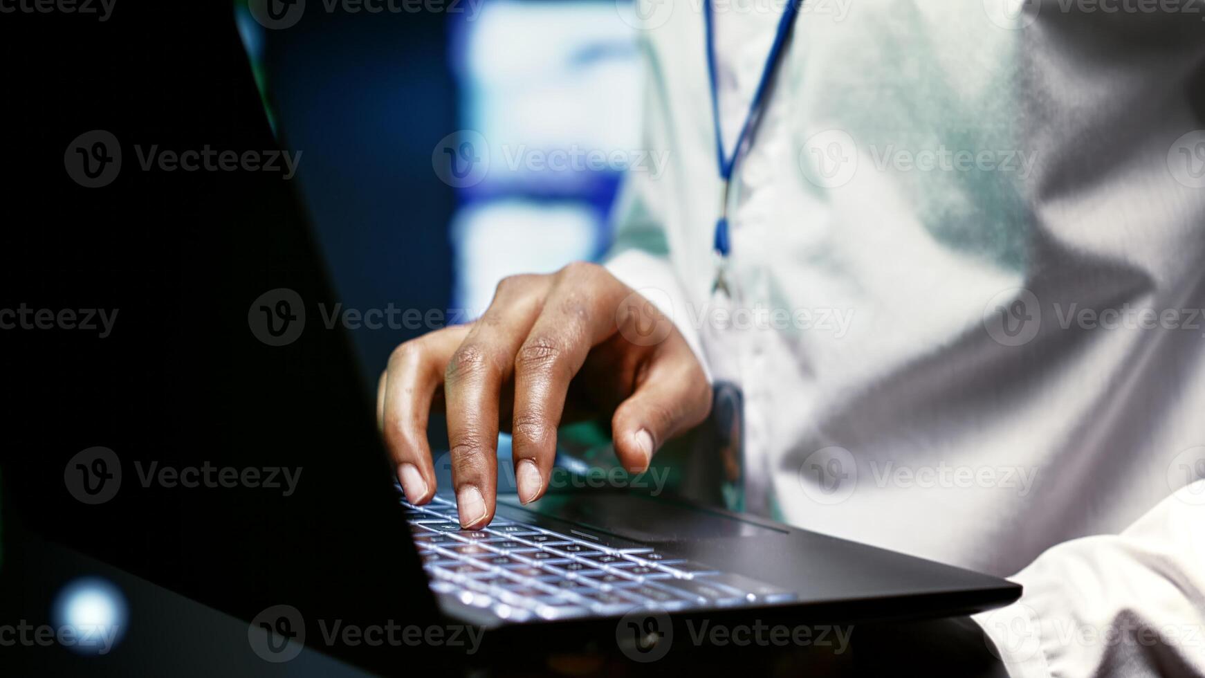 Computer scientist setting up server room advanced firewalls, intrusion detection systems and security updates. Cybersecurity specialist preventing hacking, malware, and phishing attacks, close up photo