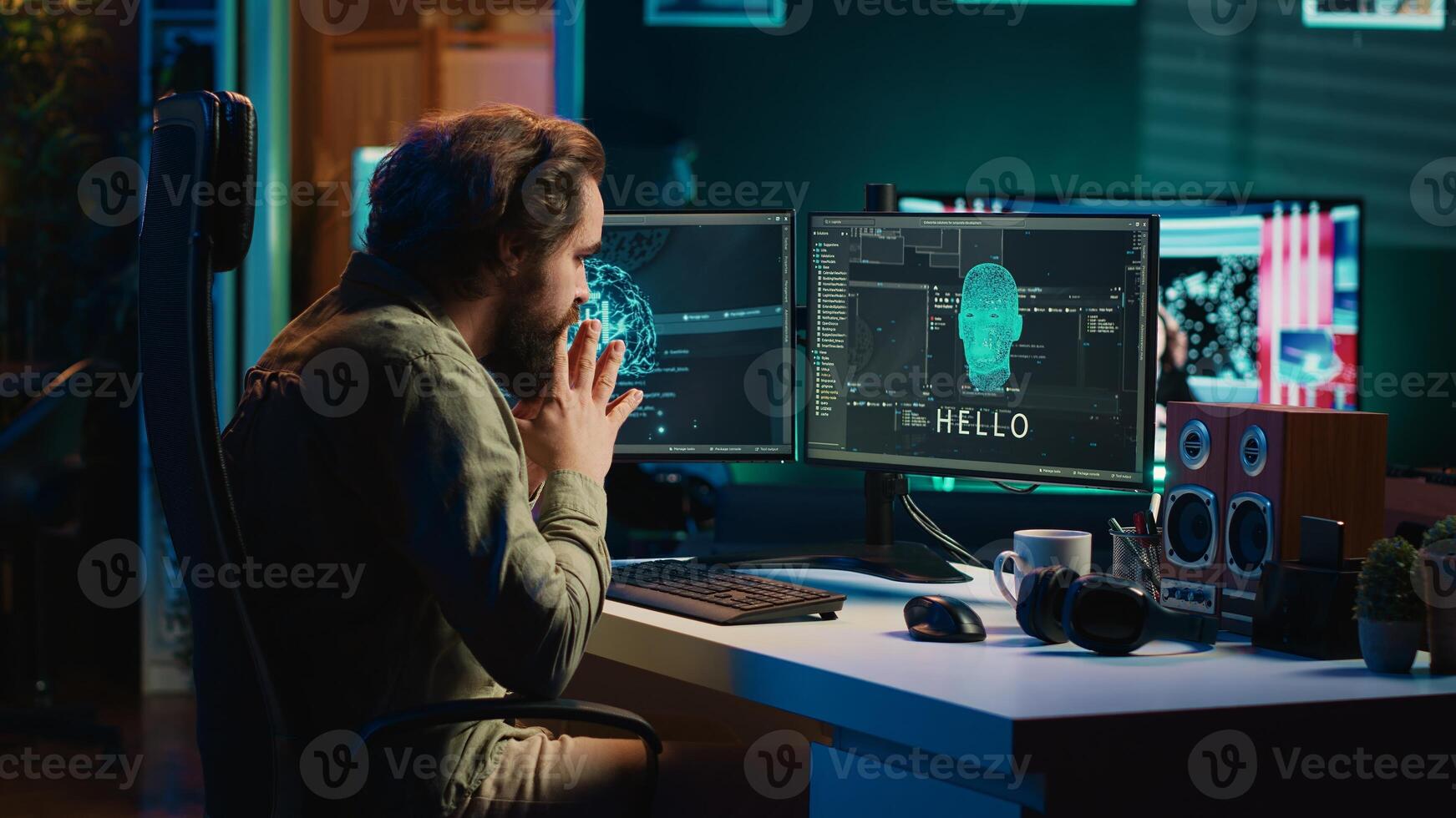 Man programing sentient artificial intelligence with ethical safeguards against turning evil towards humanity, creation myth concept. Developer building conscious AI superintelligence, camera A photo