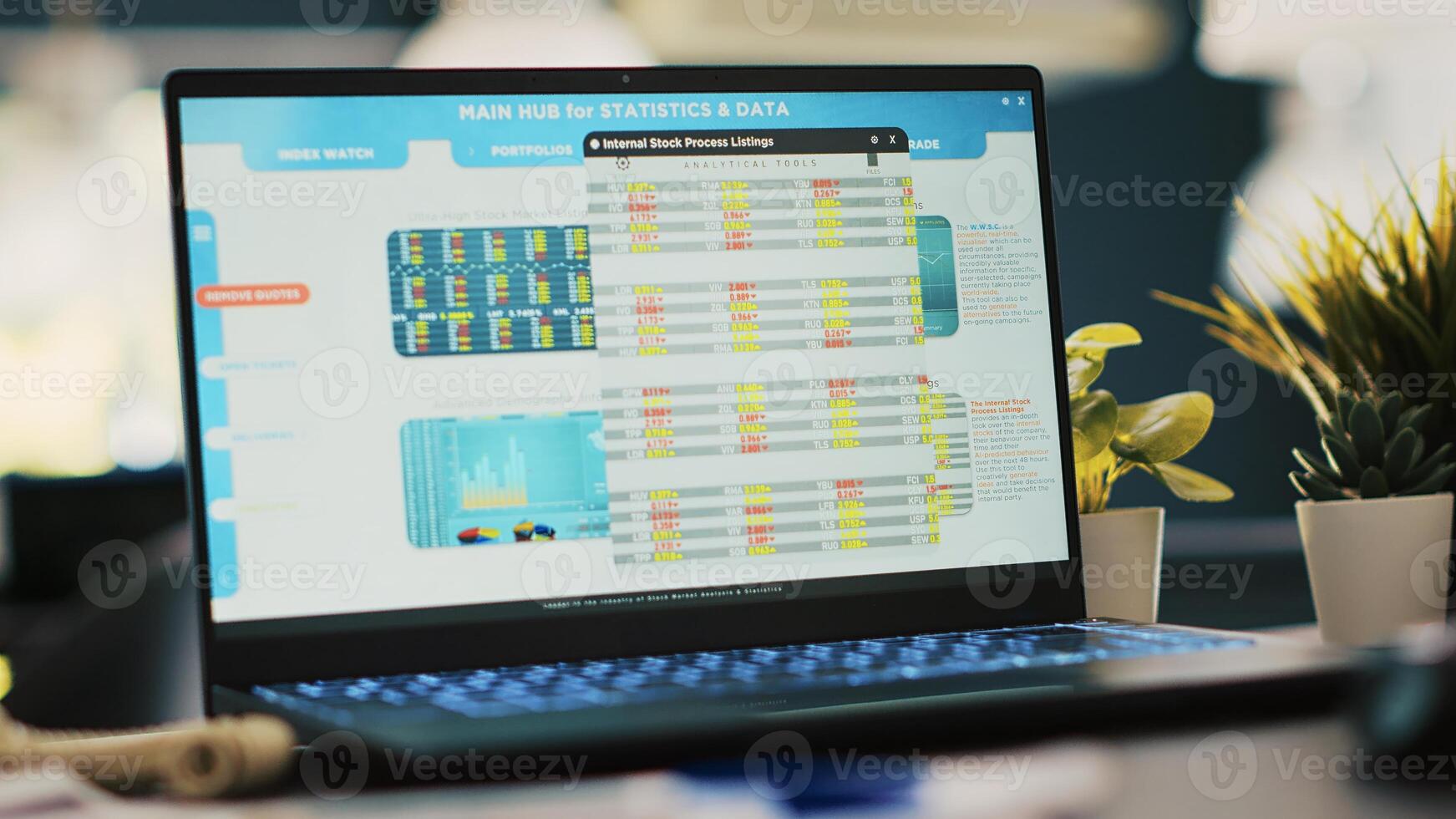 Stock exchange diagrams with charts and stock figures on laptop monitor, close up shot. Hedge fund portfolio listings displayed on notebook screen in financial department photo