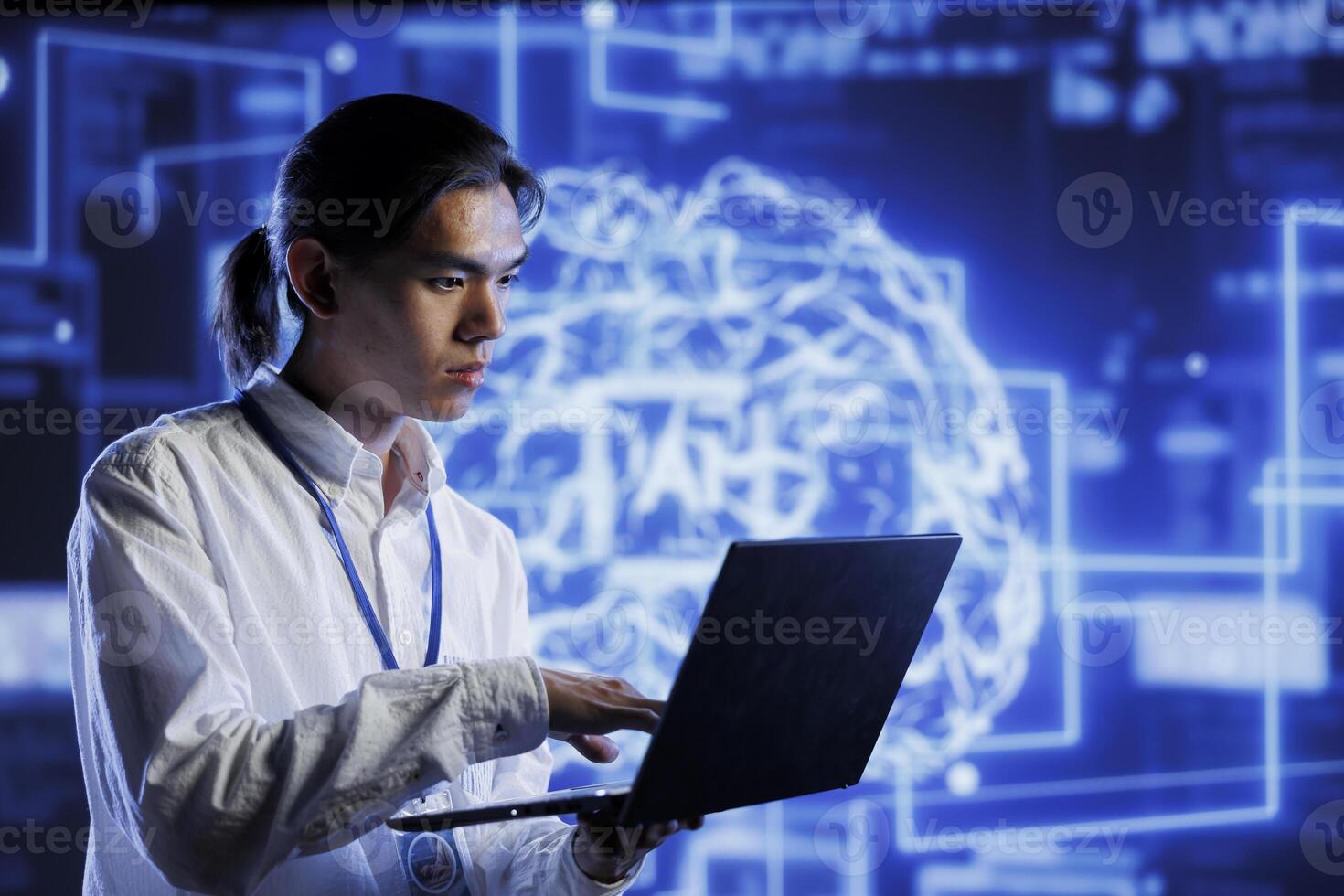 Supervisor in server farm uses device for artificial intelligence computing simulating human brain through self learning algorithms. Cloud computing company manager works with AI deep neural networks photo