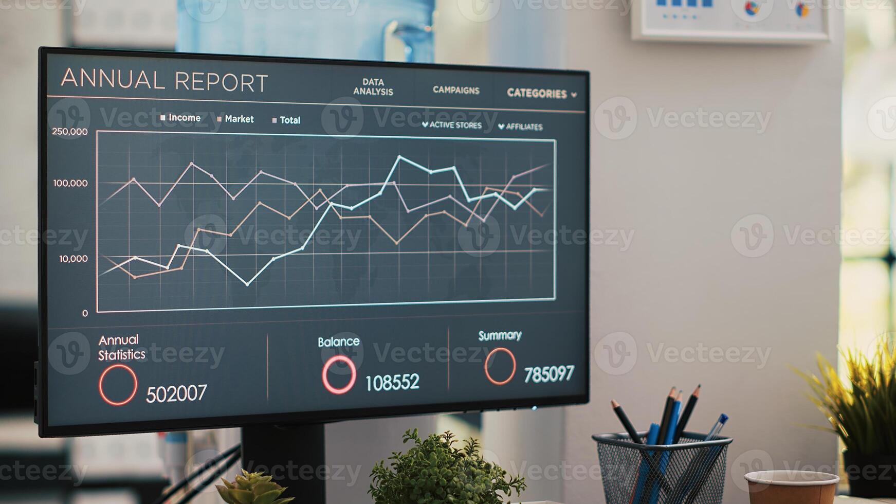 Business graphs and figures on computer monitor left open in empty workspace. Economic annual report charts on PC desktop screen in company financial department office, close up shot photo