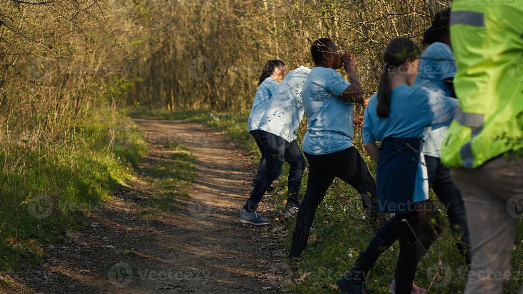 como el misión para el perdido individual crece peor, supervisor de el rescate operación equipo guías su personal dentro el bosque en buscar de pistas personas gritando para desaparecido de la persona nombre. cámara una. foto