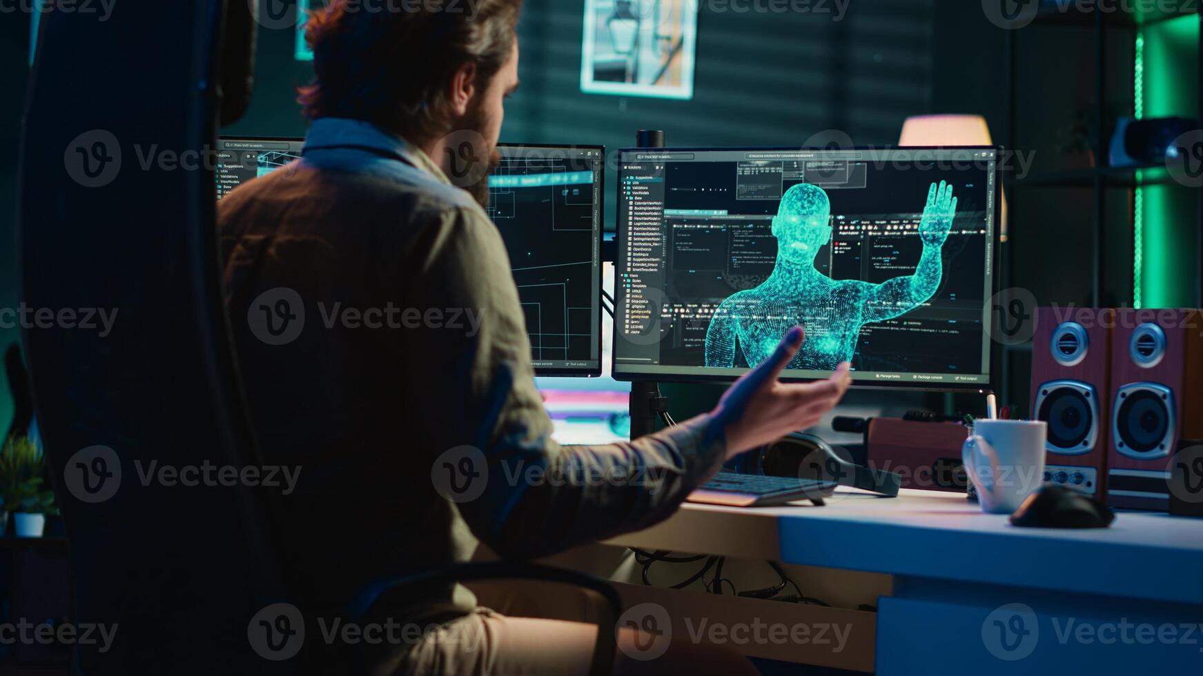 Man feeling speechless after seeing AI gaining anthropomorphic form and consciousness, waving hand to salute him. Computer engineer surprised by sentient artificial intelligence greeting him, camera A photo
