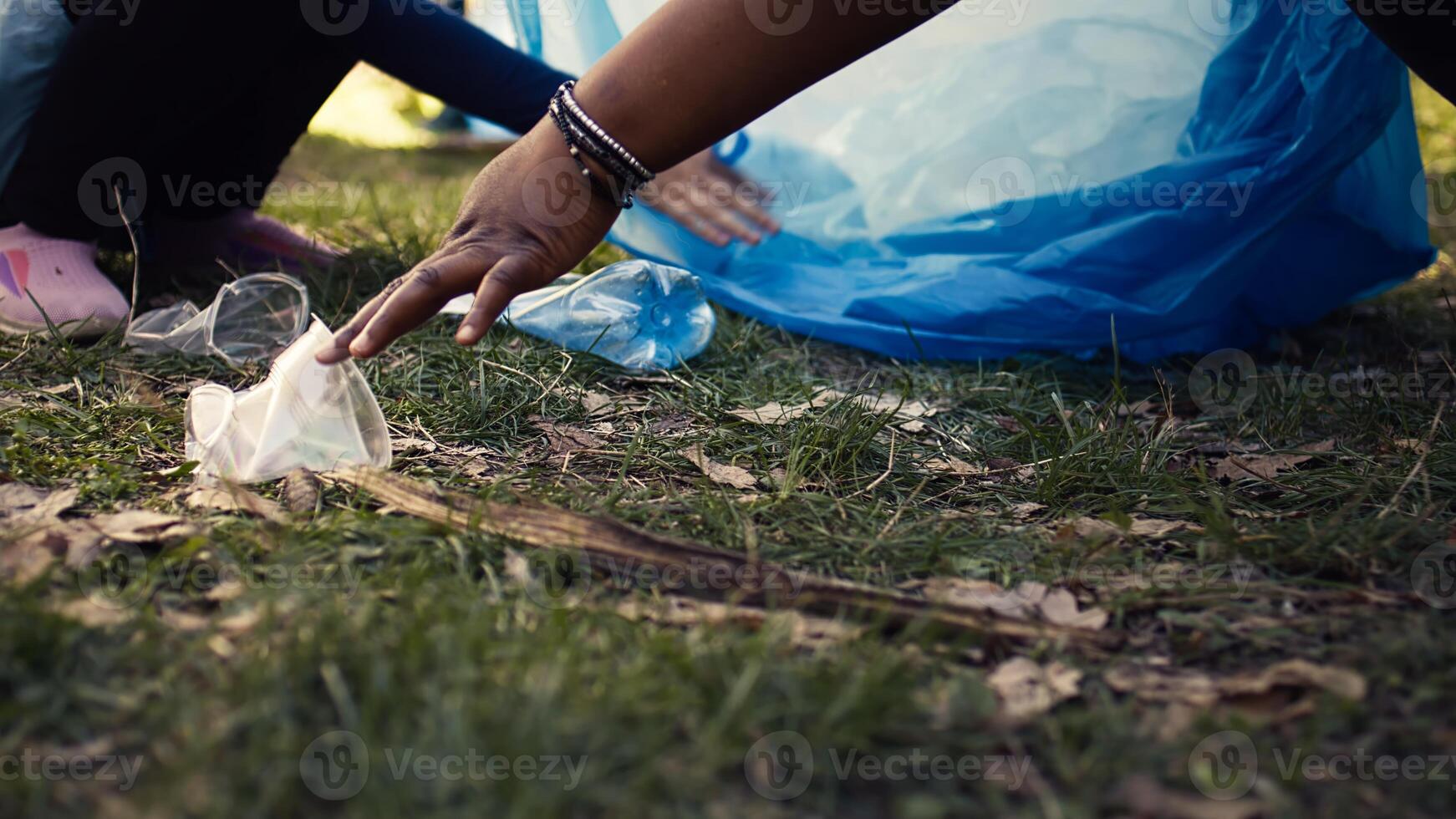 Diverse volunteers collecting trash and storing in the garbage bag, picking up junk and plastic waste to help with forest pollution. Clearing the woods, ecosystem protection. Close up. Camera B. photo