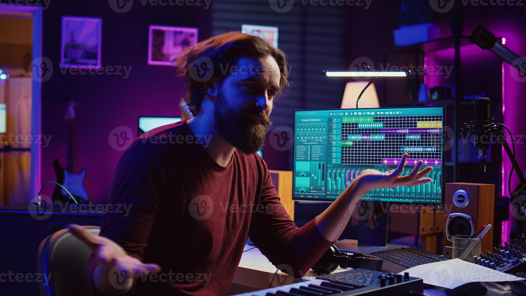 Skilled professional piano teacher conducts online master class via lesson on internet, teaching people how to hit the right notes on midi controller synthesizer. Electronic keyboard. Camera B. photo