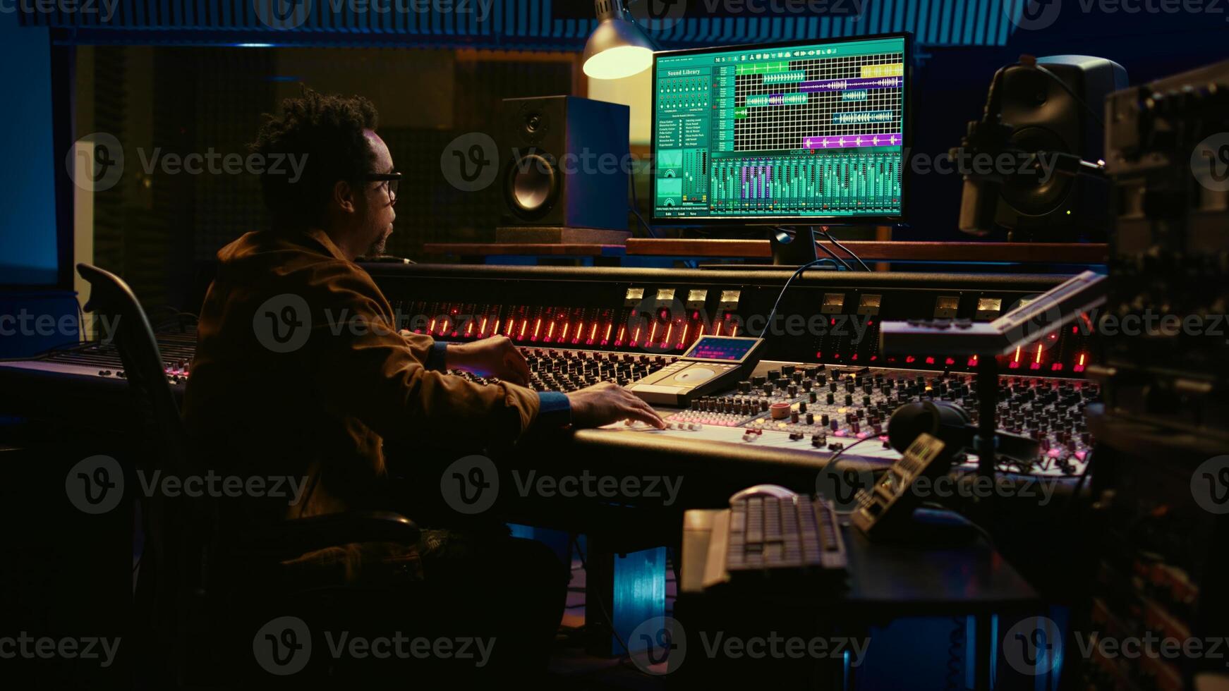 African american sound expert operates on audio console with moving faders and colored meters, editing in professional studio control room. Producer works on album, recording hit song. Camera B. photo