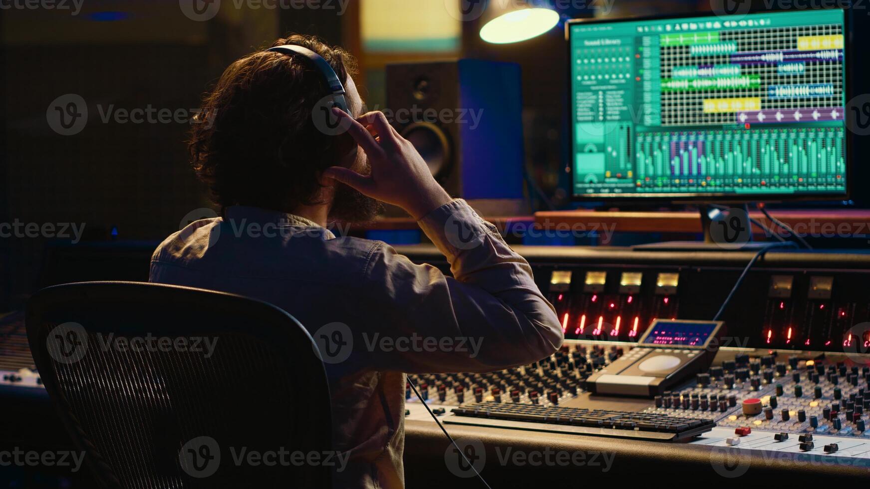 Sound designer working on track recording with audio professional software, operating technical equipment on panel board in control room. Audio engineer enhances music high quality. Camera A. photo