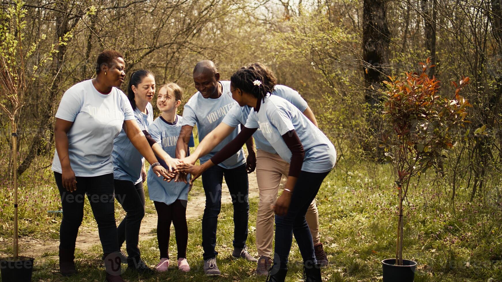 Cheerful proud team of activists join forces to clean a forest, celebrating their volunteering work by connecting hands together. Happy people showing responsibility for the environment. Camera B. photo