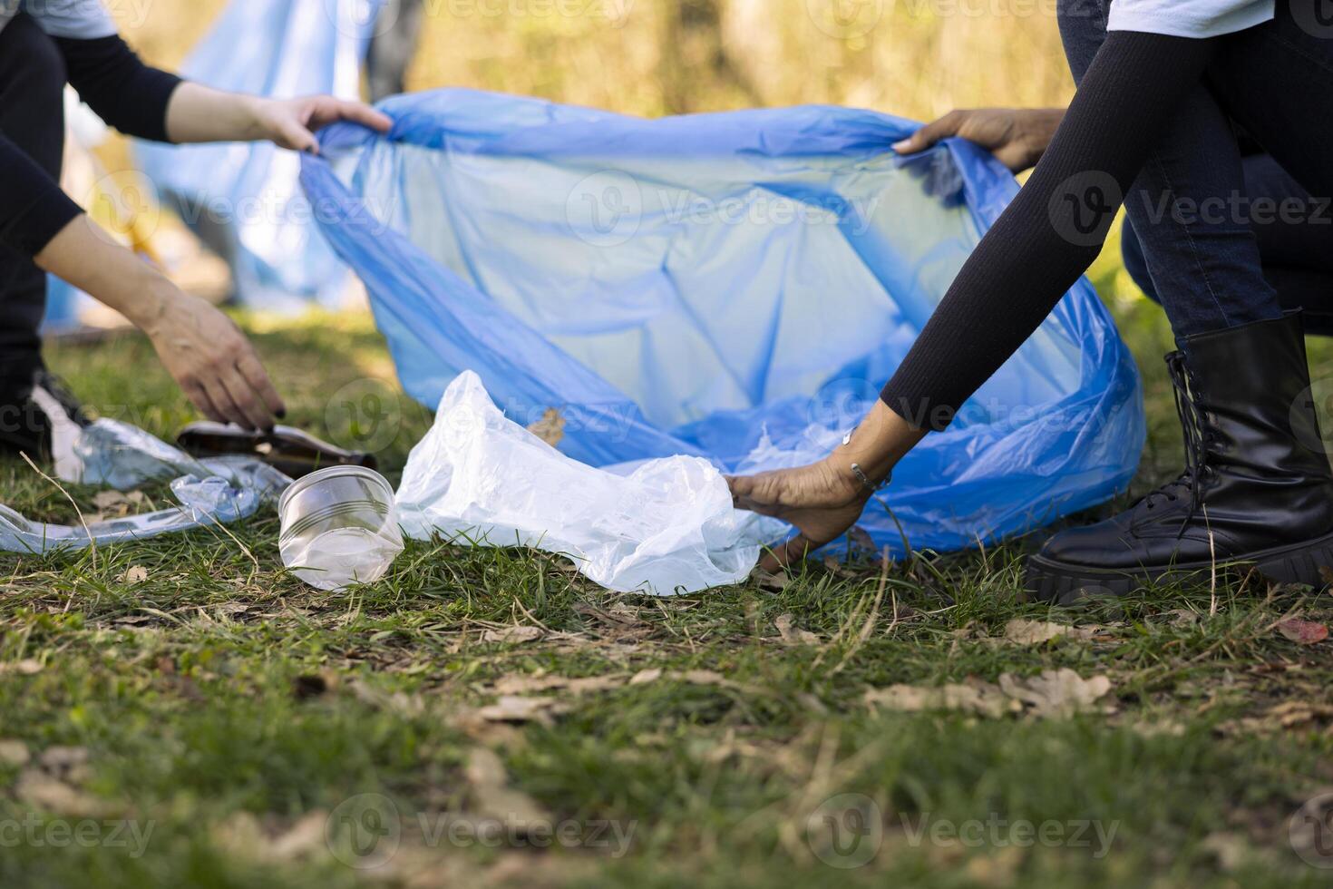 Women volunteers cleaning the forest by picking up trash in bags, recycling plastic waste for a sustainable lifestyle. People collecting garbage, volunteering against pollution. photo