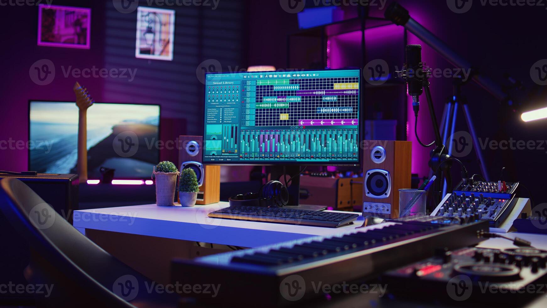 Empty studio at home equipped with mixing soundboard panel and other musical instruments, music industry recording. Modern space with electronic controls and daw software on pc. Camera B. photo