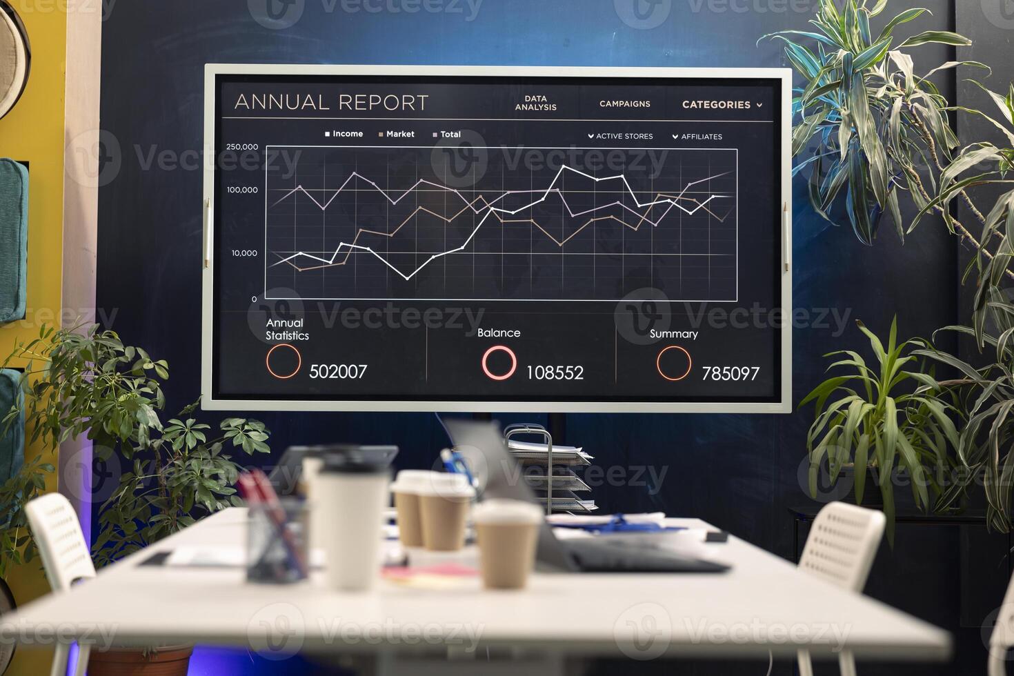 moderno interactivo tablero en un vacío reunión habitación usado para conferencias y debates, oficina empleado en corporaciones o global negocios frio espacio con suministros y herramientas. foto