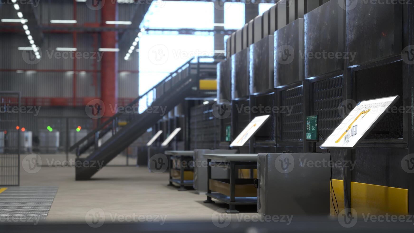 Computerized machines in warehouse with control panels and touchscreens displaying diagrams, 3D rendering. CNC machinery used for automatization processes in storehouse photo