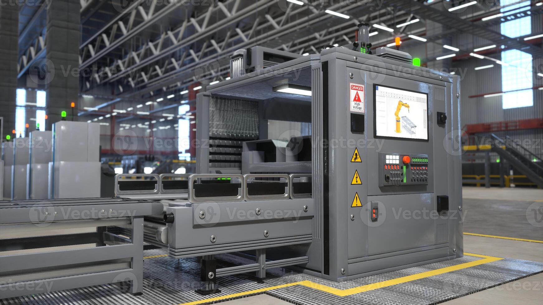 Machine with control panel used to give commands to robotic arms placing manufactured products on conveyor belts, 3D rendering. Machinery unit controlling assembly lines in empty logistics depot photo