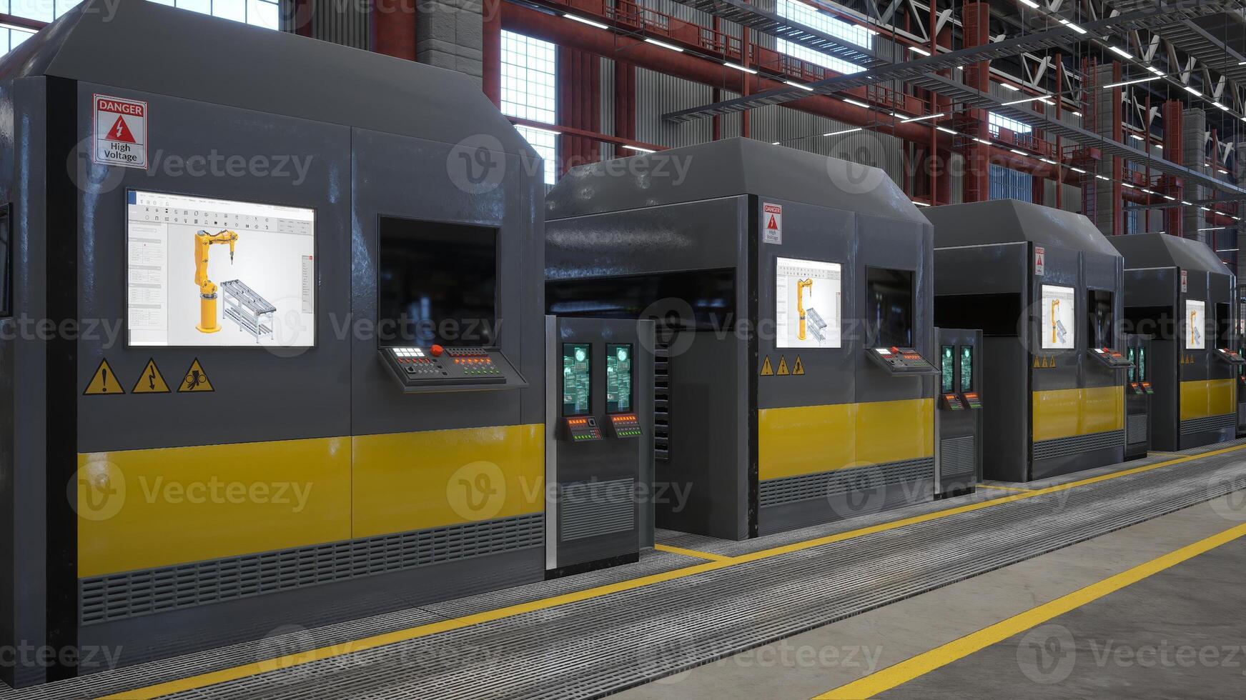 Rows of machines with control panels and touchscreens in automated factory, 3D rendering. Electrical mechanism equipment used for automatization processes in industrial plant photo