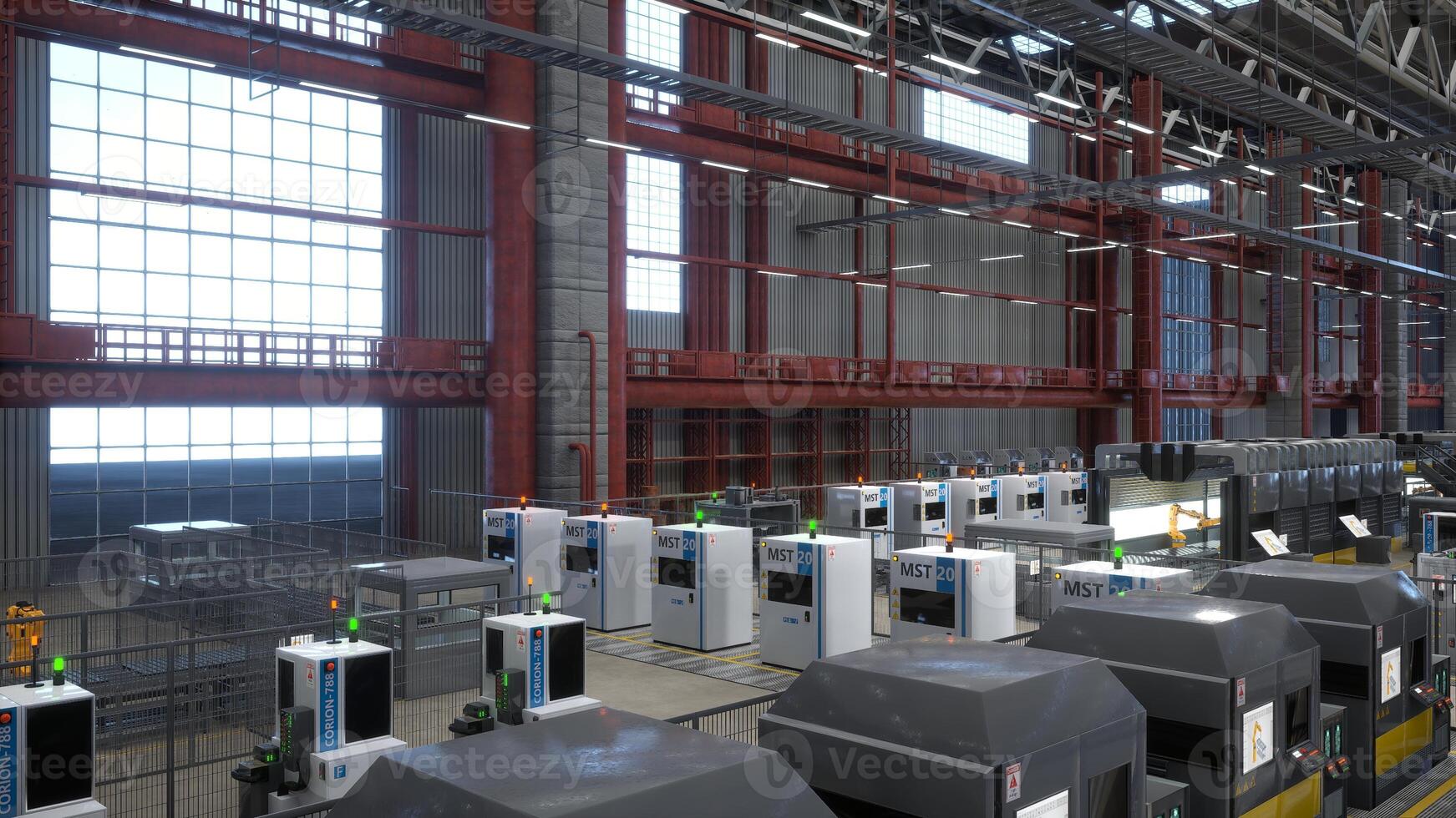 Modern automated logistics depot with machines featuring control panels and screens used for real time adjustments. Rows of computerized equipment units in factory, 3D render photo