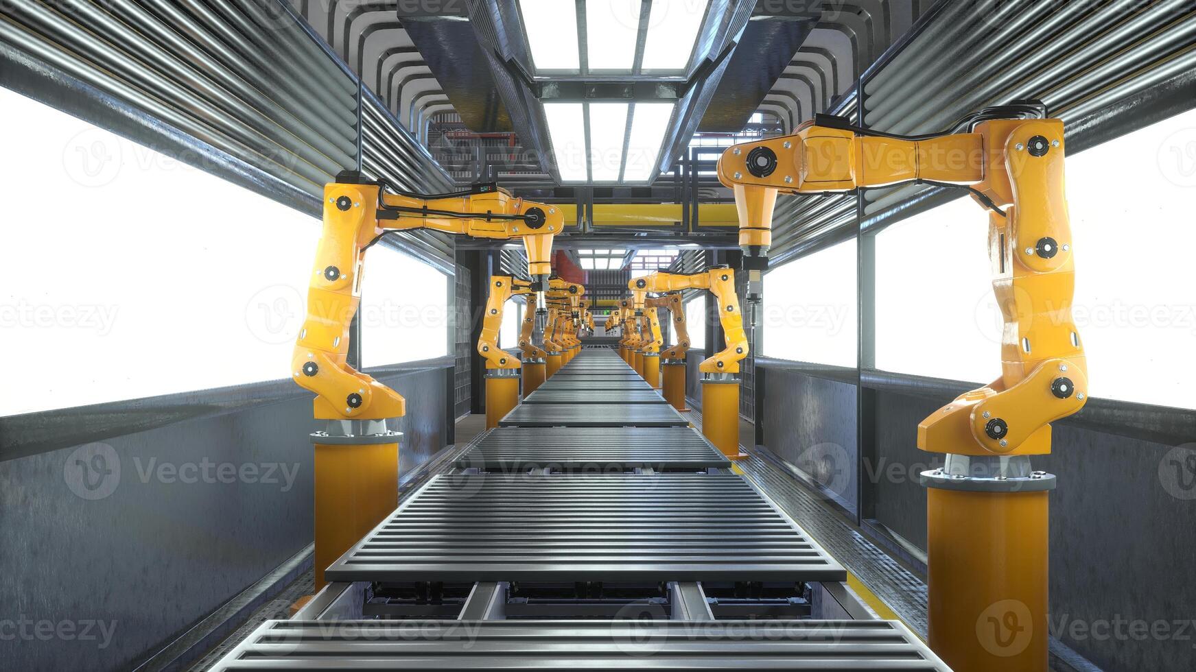 Busy factory with robotic arms used for placing manufactured items on conveyor belts, 3D rendering. Assembly lines and heavy machinery in high tech modern manufacturing warehouse photo