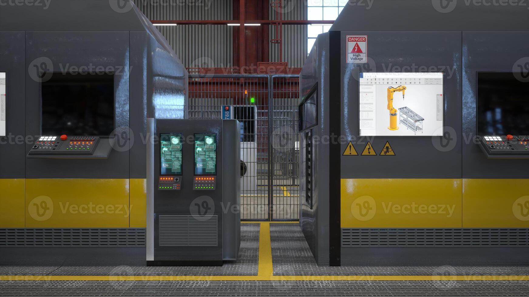 Innovative machinery with advanced control panels and touchscreens in futuristic factory. Computerized equipment units in high tech factory used for operational tasks, 3D render photo