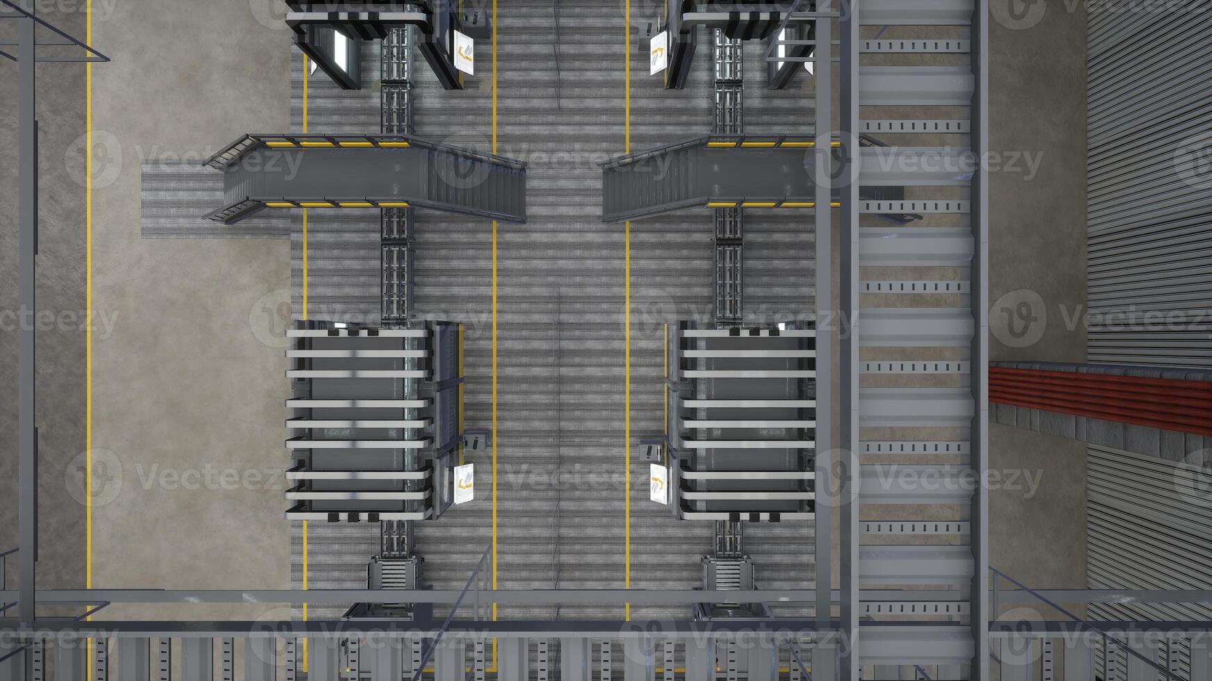 Top down view of automated factory with conveyor belts transporting manufactured products, 3D rendering. Assembly lines and metal beams in high tech logistics depot, aerial drone shot photo