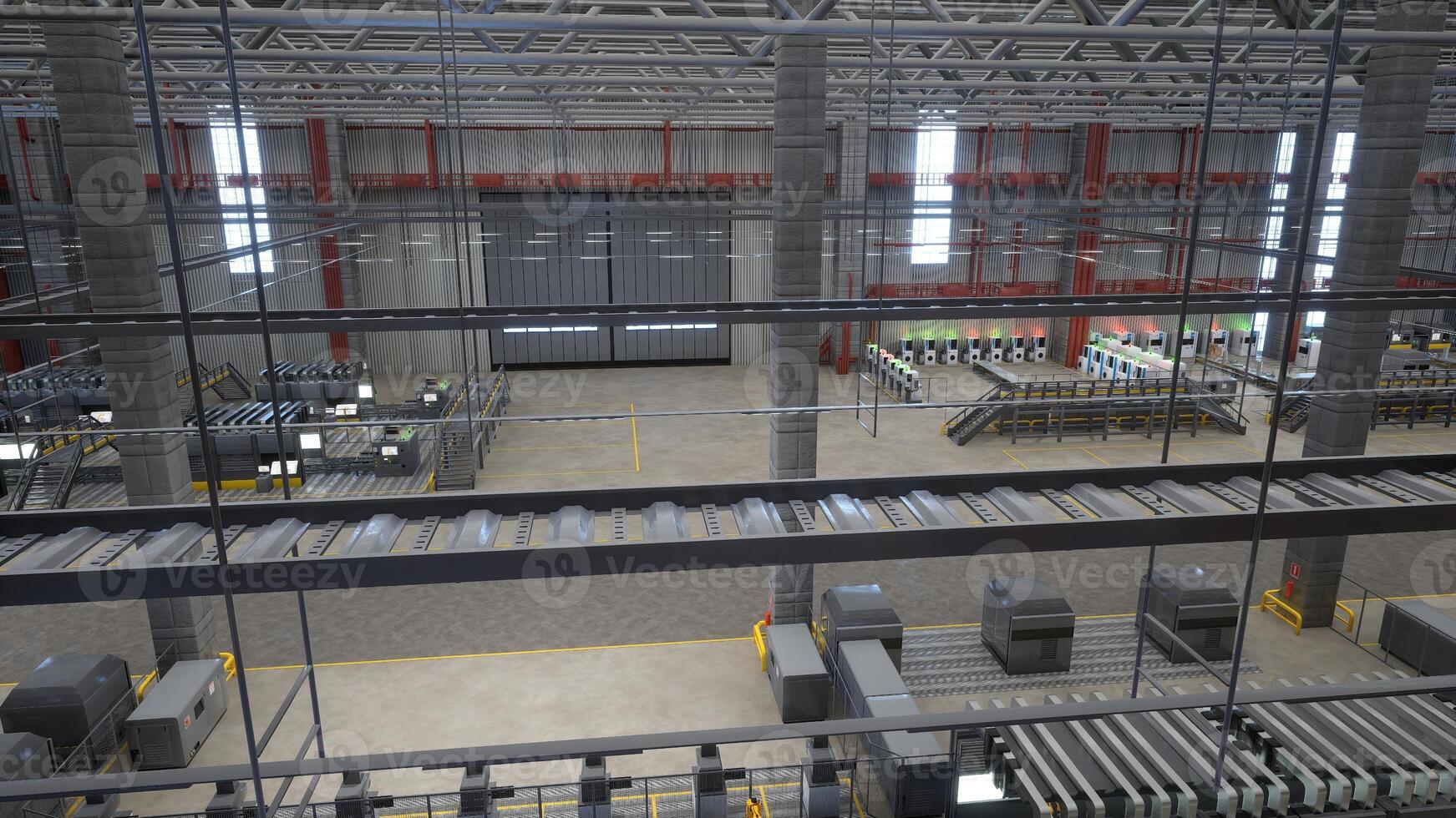 Huge empty storage hall with rows of industrial machines, conveyor belts and robotic arms, 3D rendering. CNC machinery and assembly lines in industrial plant, automated processes photo