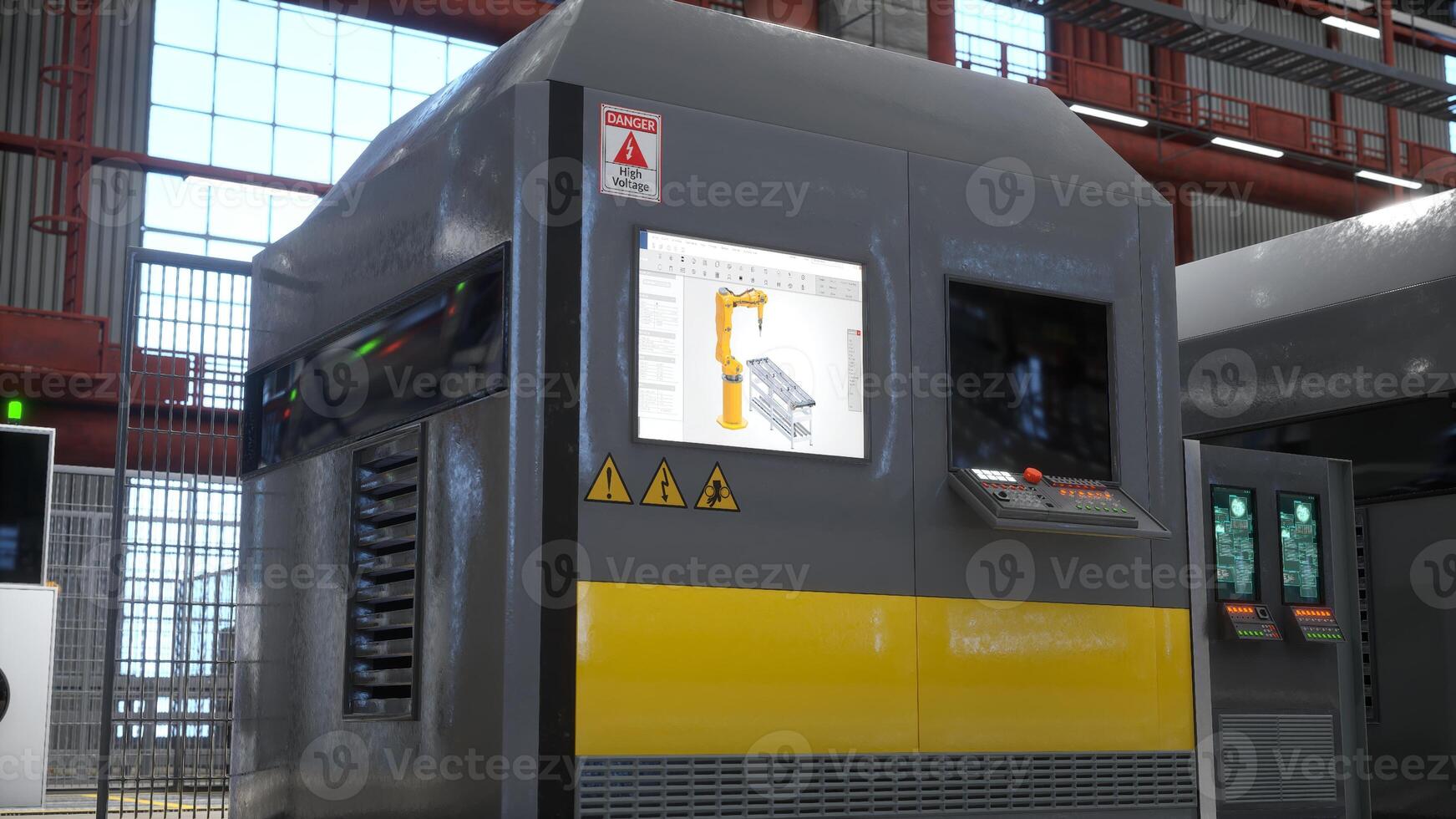 Large machines in warehouse with control panels and screens displaying technical diagrams, 3D render. CNC machinery with buttons and switches used for automatization processes in factory photo