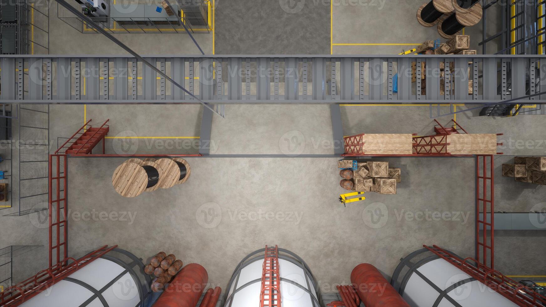 Top down view of industrial warehouse with wooden crates, barrels and jack used for transportation of products. Logistics depot used for goods production and storage, 3D render, aerial drone shot photo