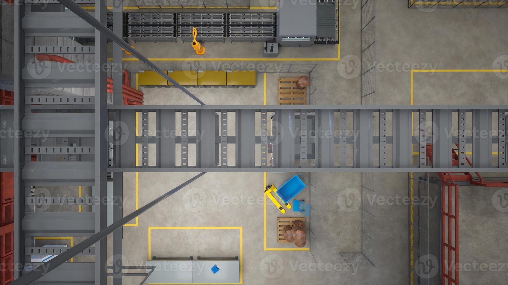 Facility with rows of industrial machines, manufacturing conveyor belts and robotic arms, top down view. CNC machinery and assembly lines in modern warehouse, 3D render drone shot photo